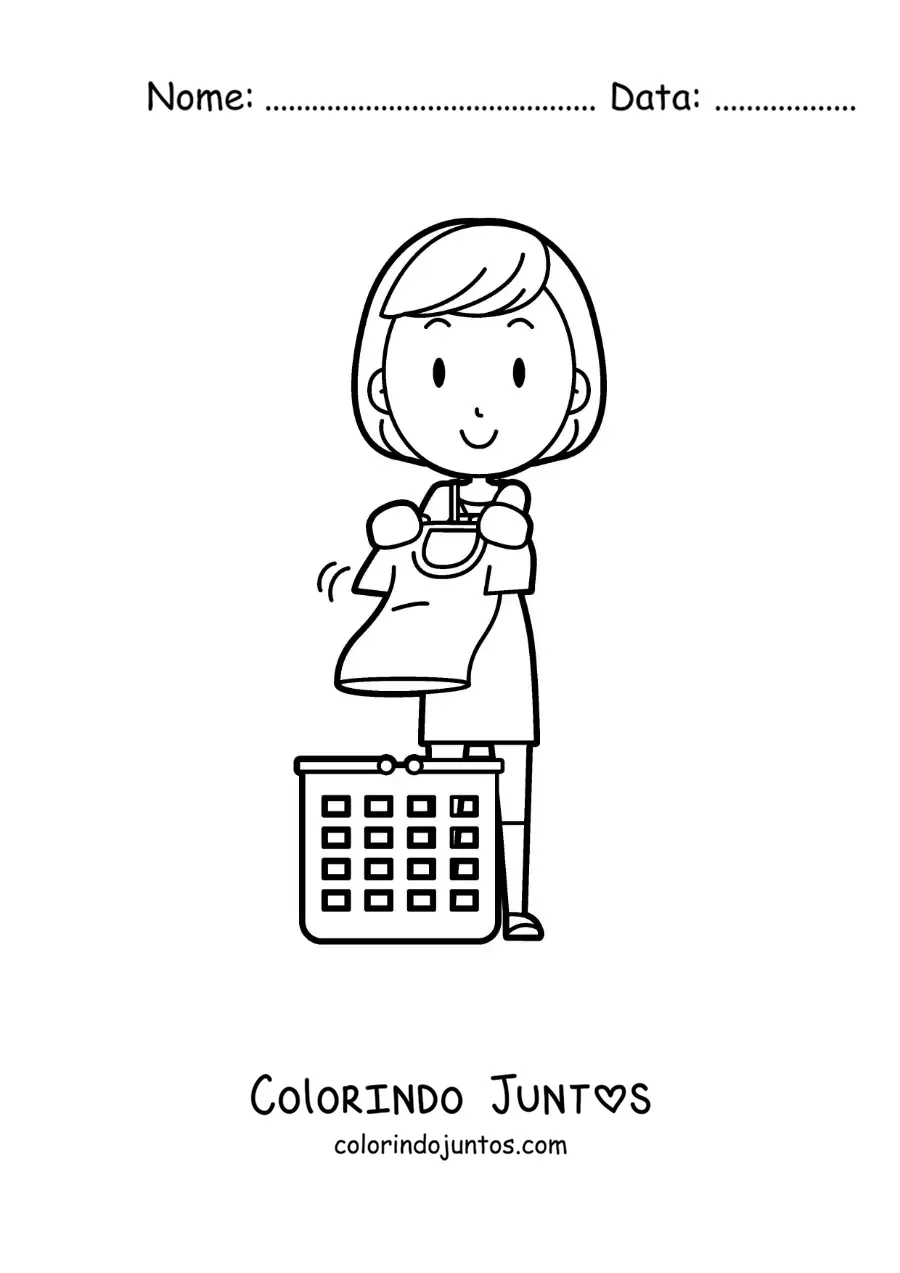 Desenho para colorir de uma mulher com um cesto de roupa limpa