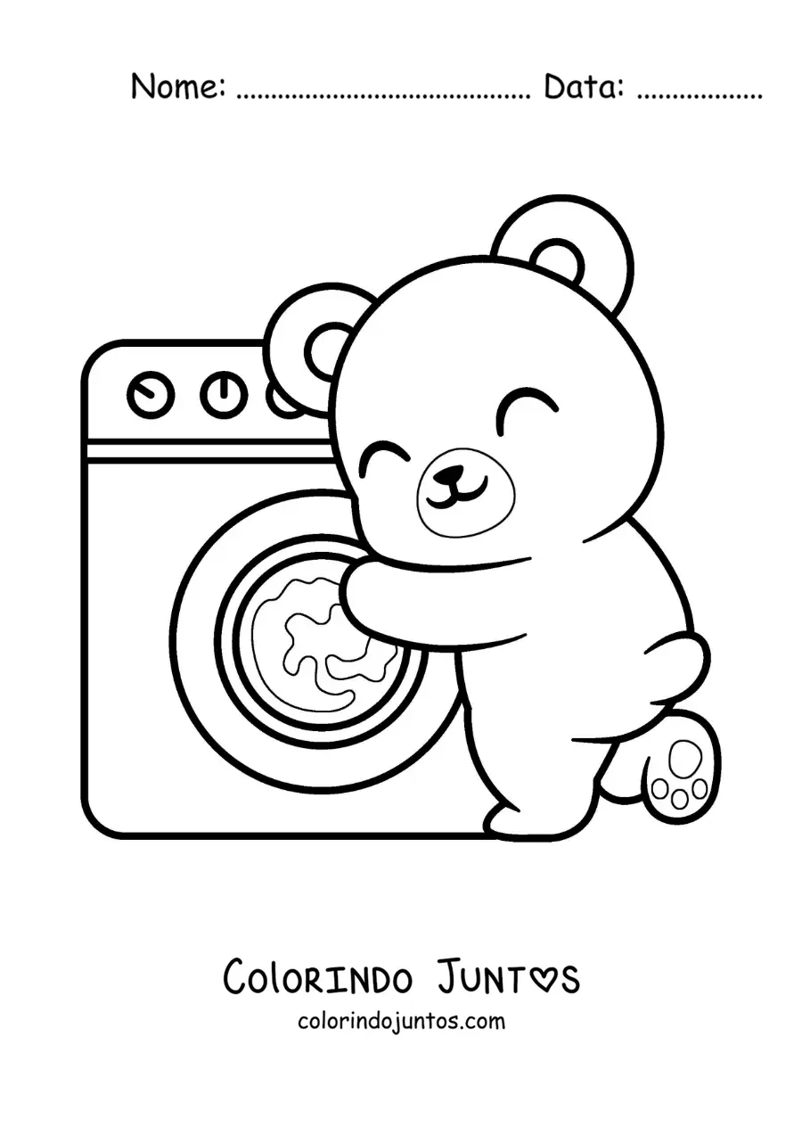 Desenho para colorir de um urso animado lavando roupa na máquina de lavar