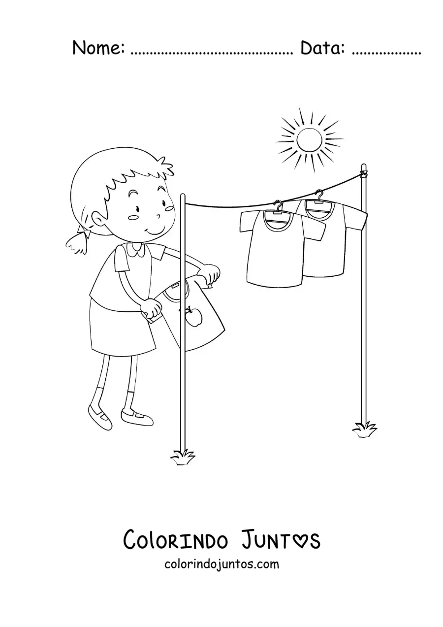 Desenho para colorir de uma menina animada secando a roupa ao sol no varal