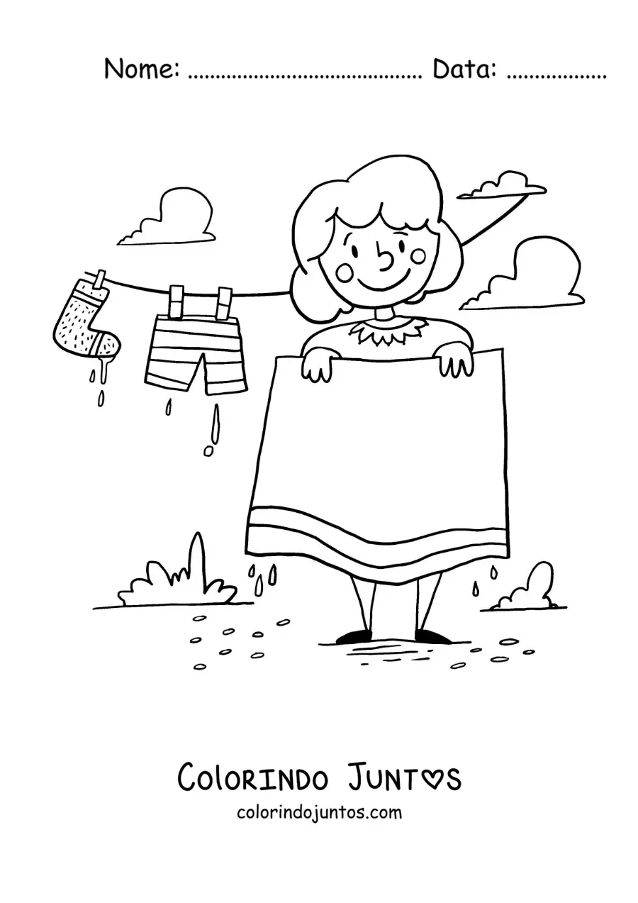 Desenho para colorir de uma mãe pendurando a roupa lavada no varal