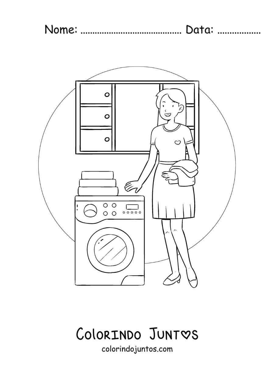 Desenho para colorir de uma dona de casa lavando roupa na máquina de lavar