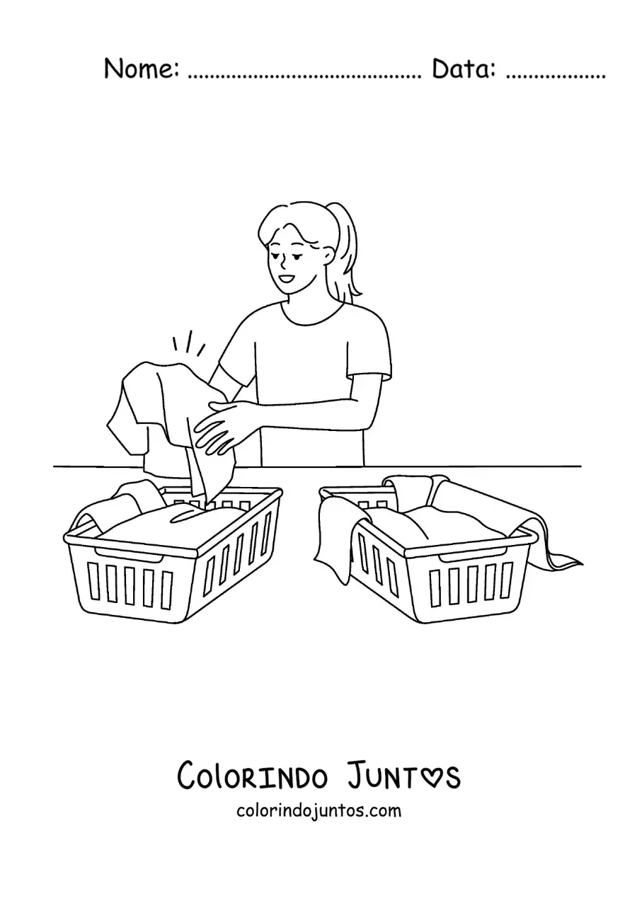 Desenho para colorir de uma menina separando a roupa por cores para lavar