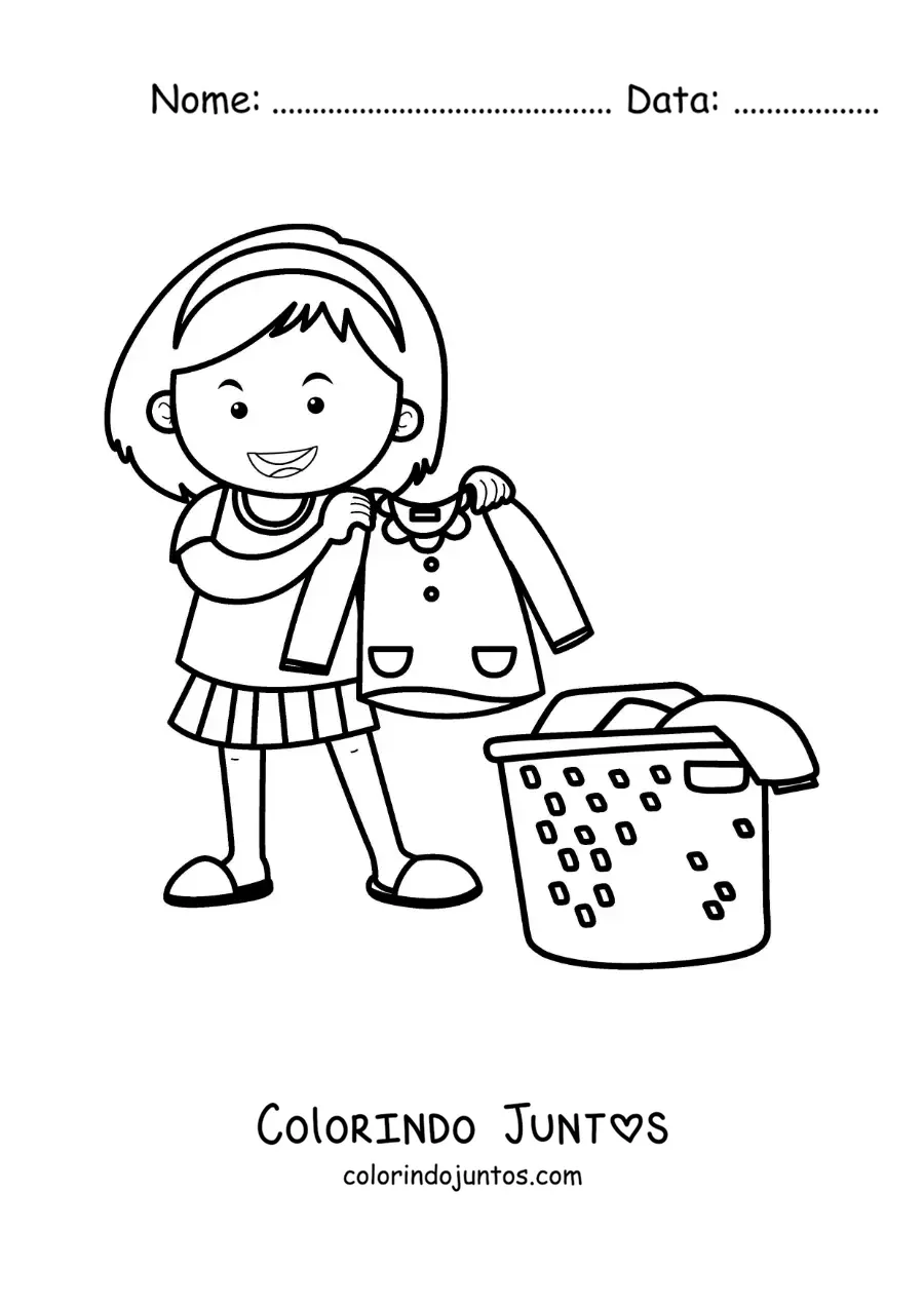 Desenho para colorir de uma menina recolhendo a roupa lavada num cesto
