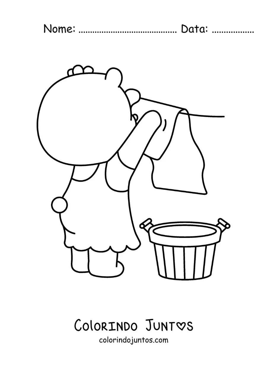 Desenho para colorir de uma ursa animada pendurando a roupa num varal