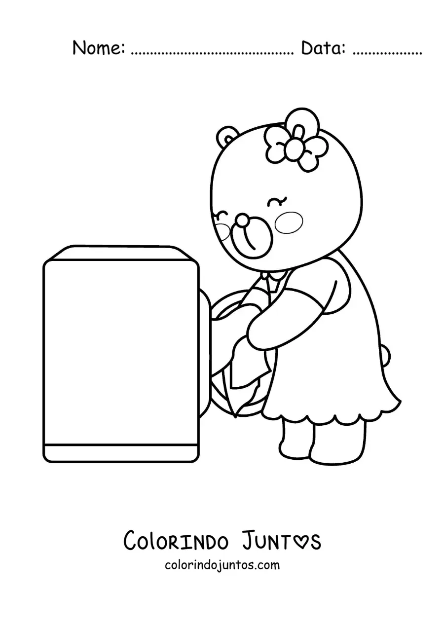 Desenho para colorir de uma ursa animada lavando roupa na máquina de lavar
