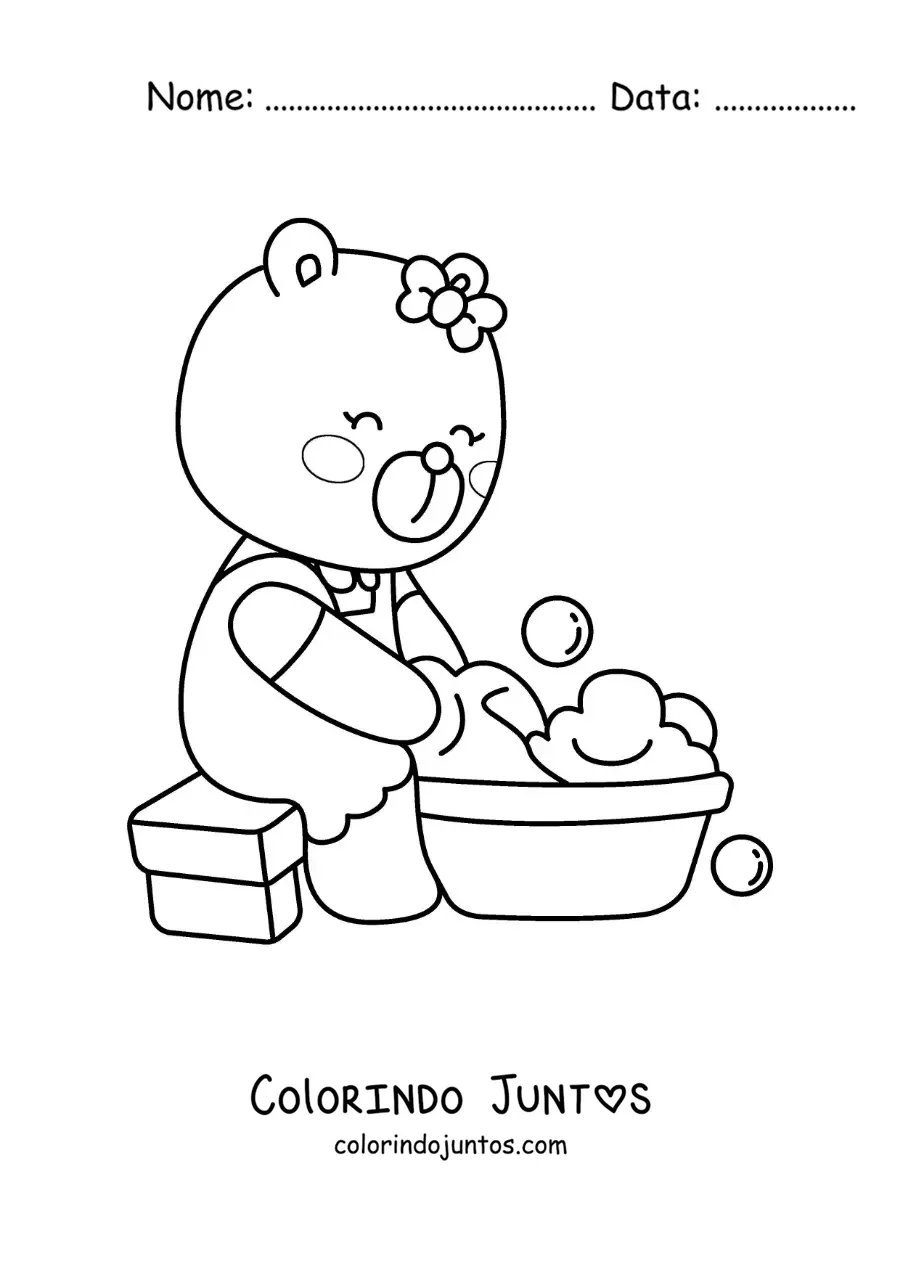 Desenho para colorir de uma ursa animada lavando roupa à mão