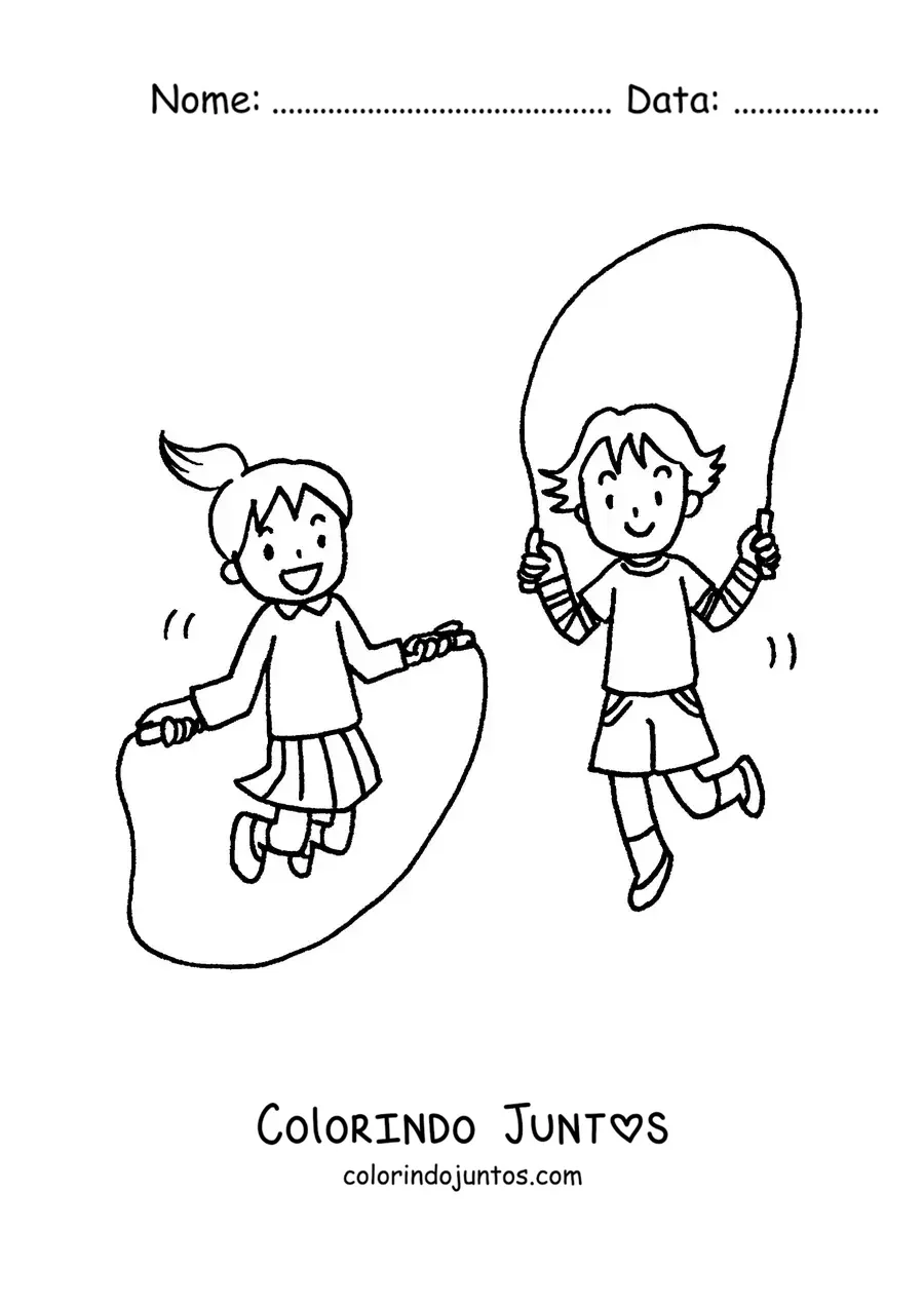 Desenho para colorir de um par de crianças pulando corda