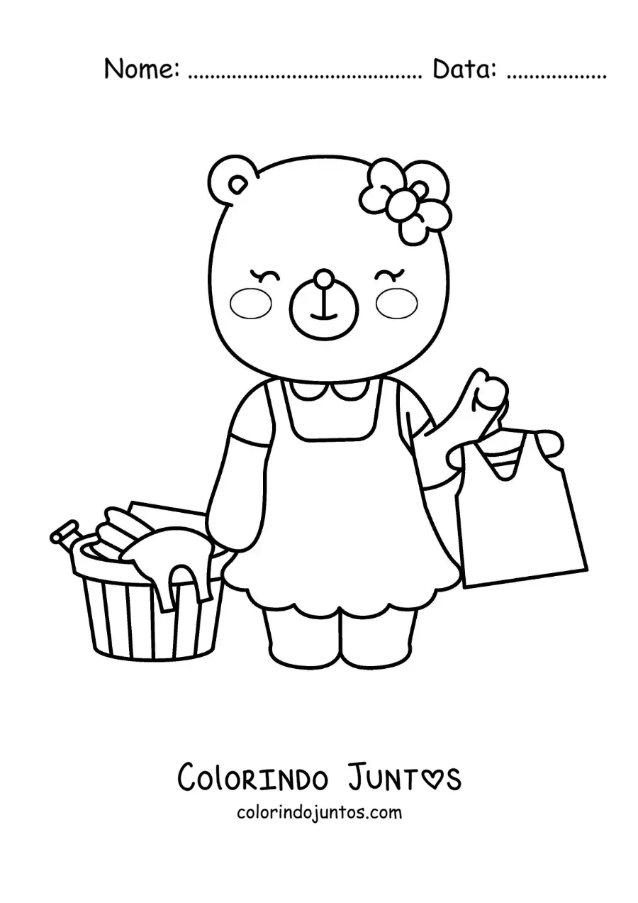 Desenho para colorir de uma ursa animada pendurando a roupa limpa