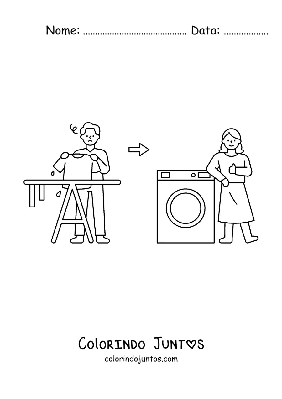 Desenho para colorir de um homem pendurando a roupa para secar vs uma mulher com a roupa na secadora