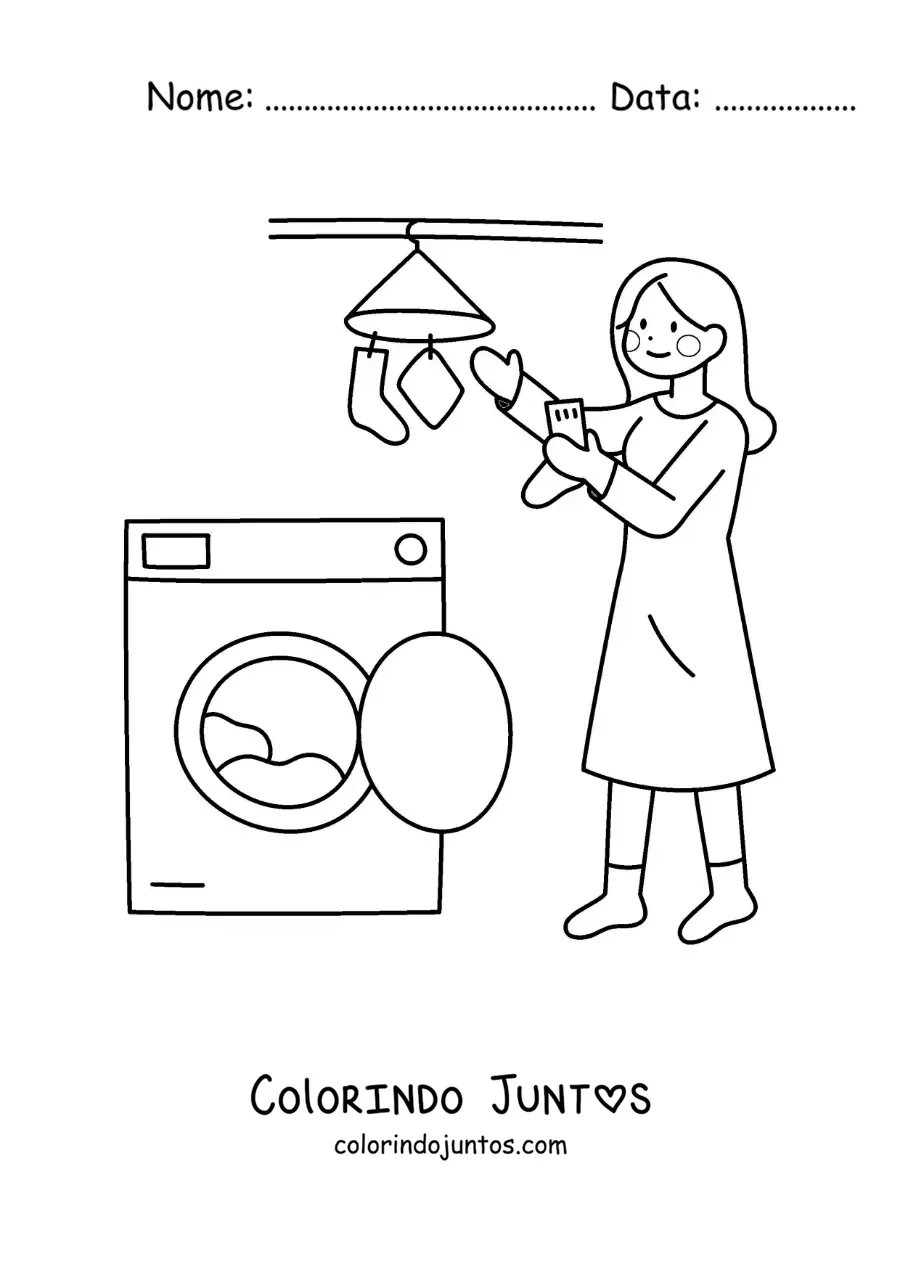 Desenho para colorir de uma mulher tirando a roupa da máquina de lavar para pendurar