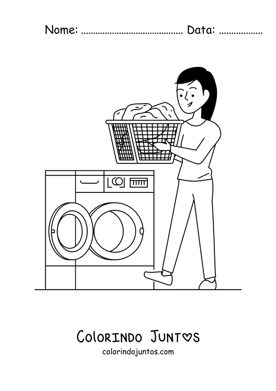 Desenho para colorir de uma garota levando um cesto de roupa para a máquina de lavar