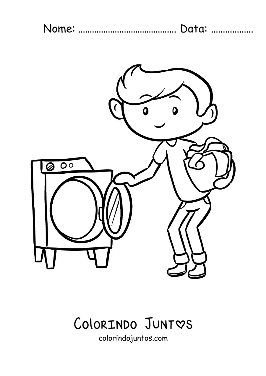 Desenho para colorir de um menino animado levando um cesto de roupa para a máquina de lavar
