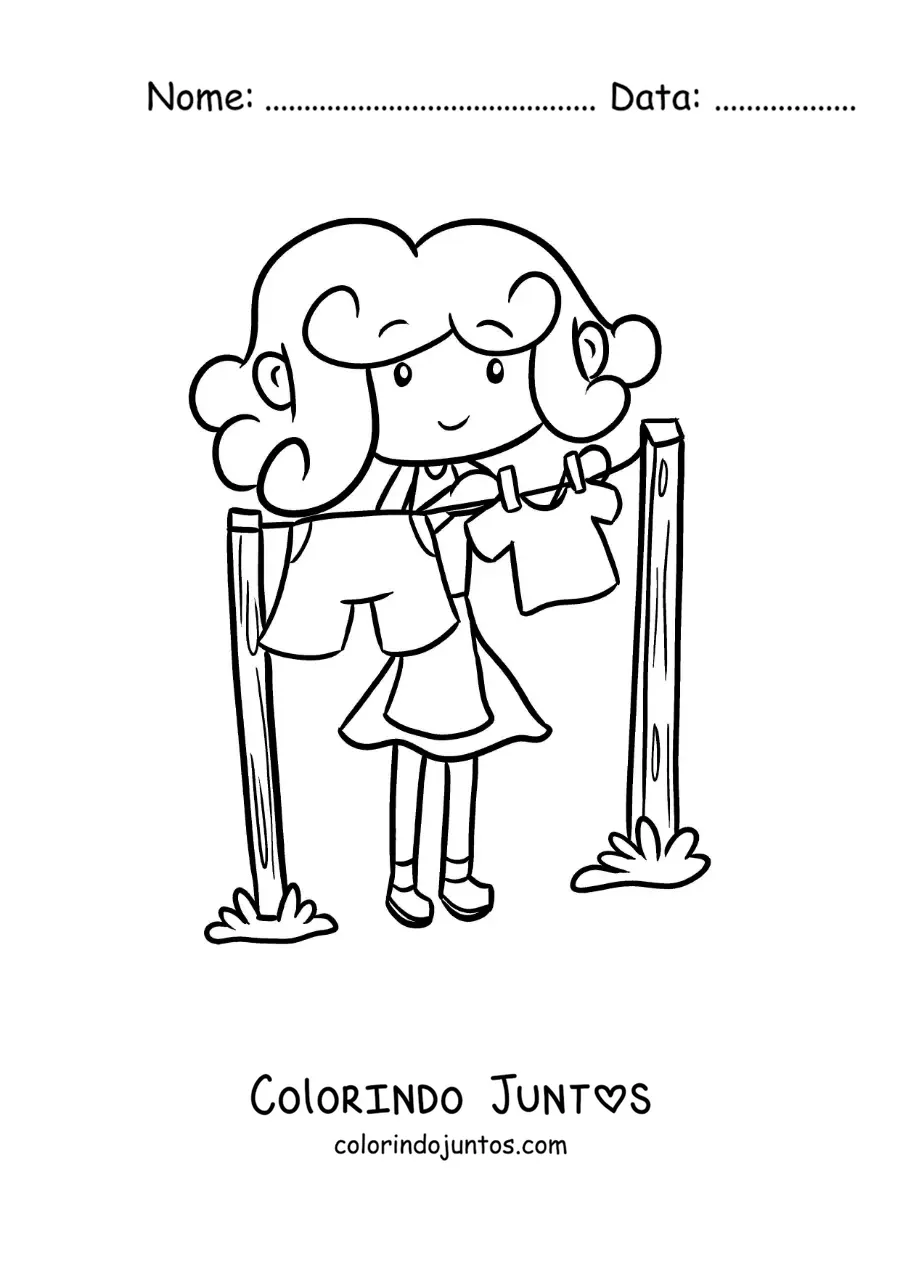 Desenho para colorir de uma jovem animada pendurando a roupa num varal