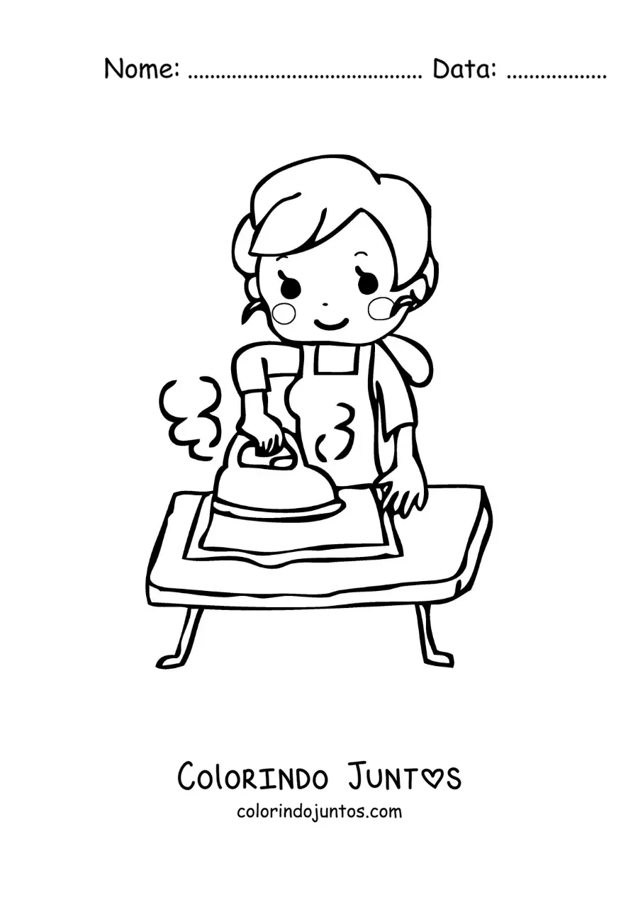 Desenho para colorir de uma mãe kawaii animada passando roupa