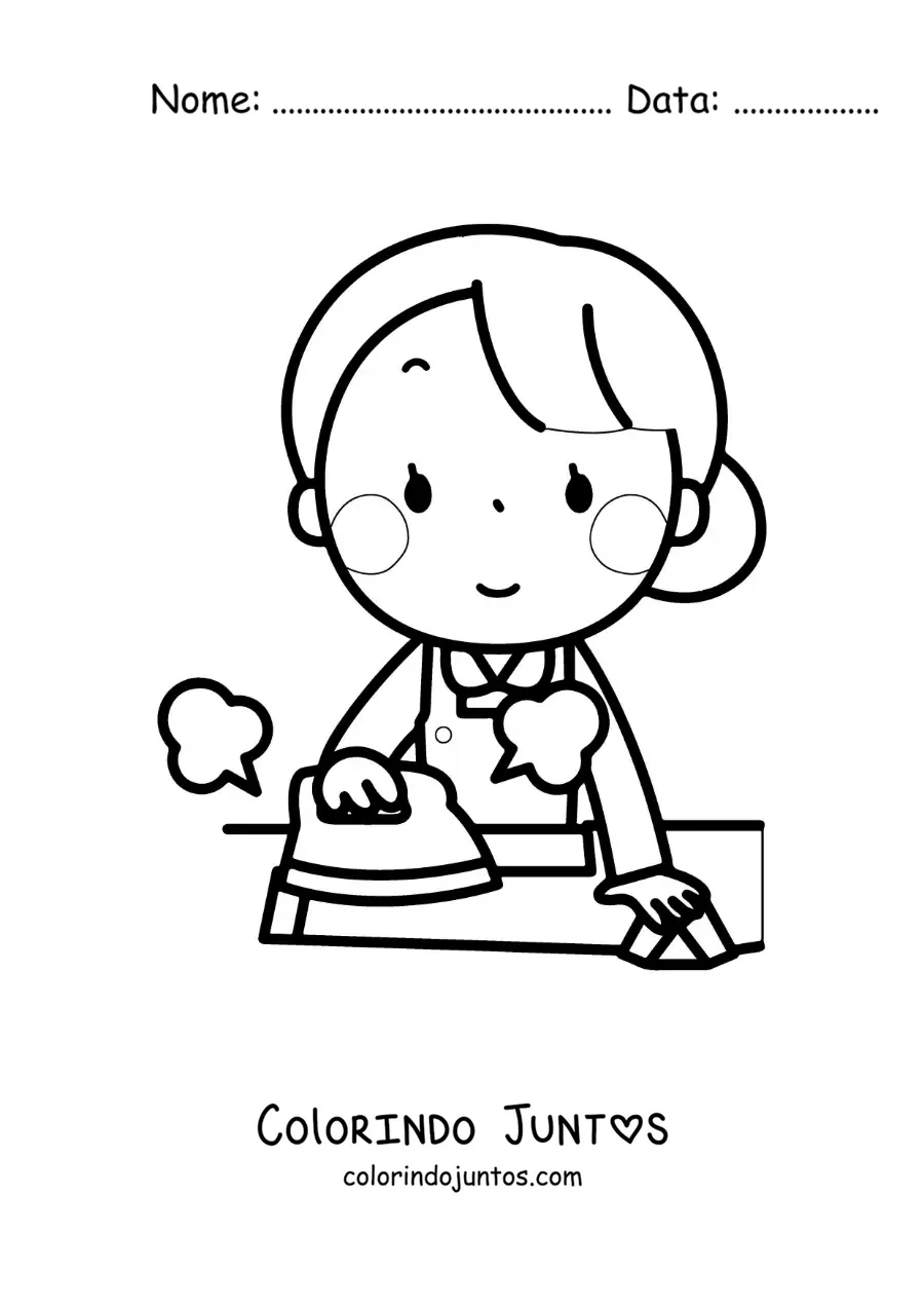 Desenho para colorir de uma mulher kawaii passando uma camisa