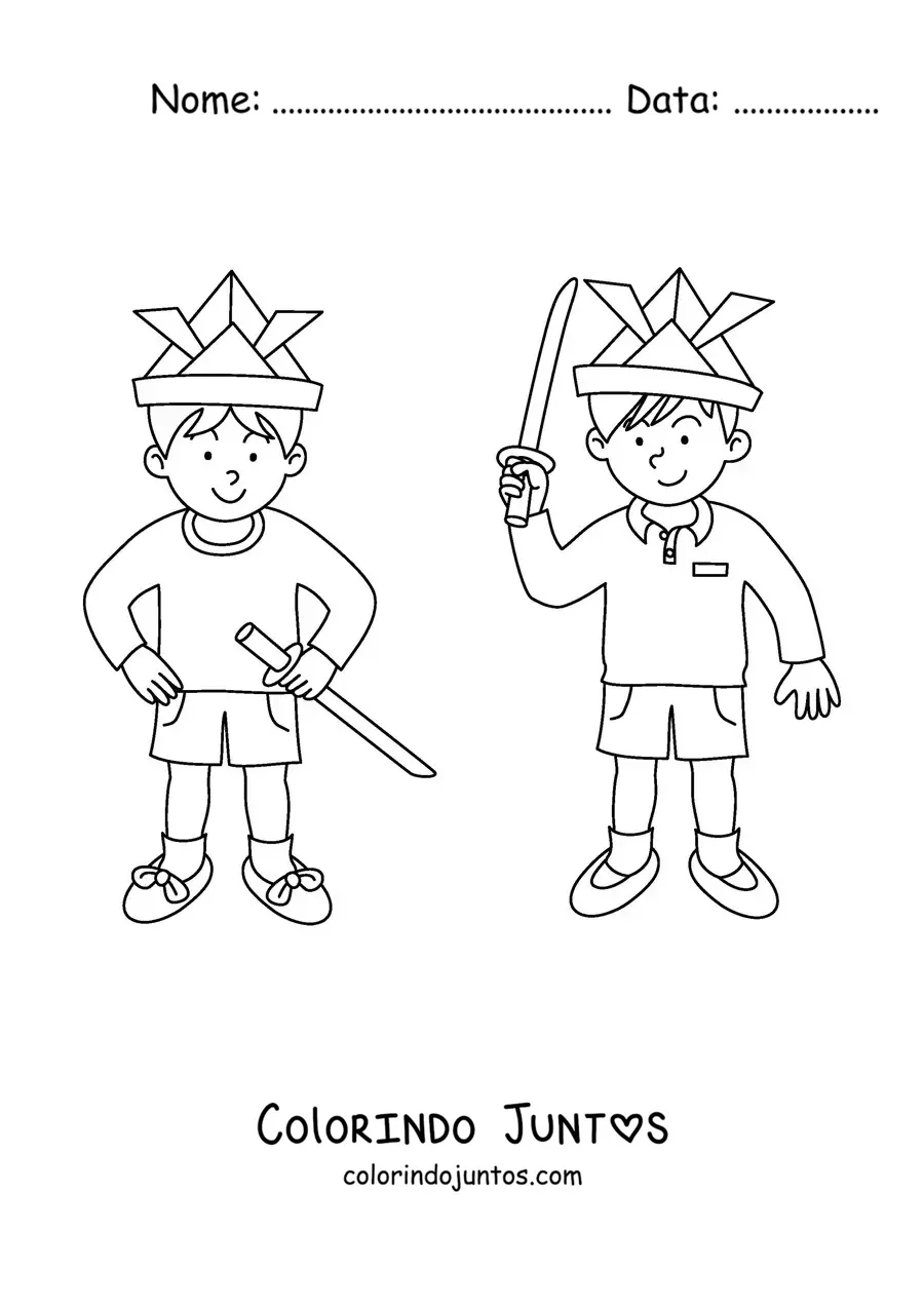 Desenho para colorir de duas crianças brincando com espadas de brinquedo