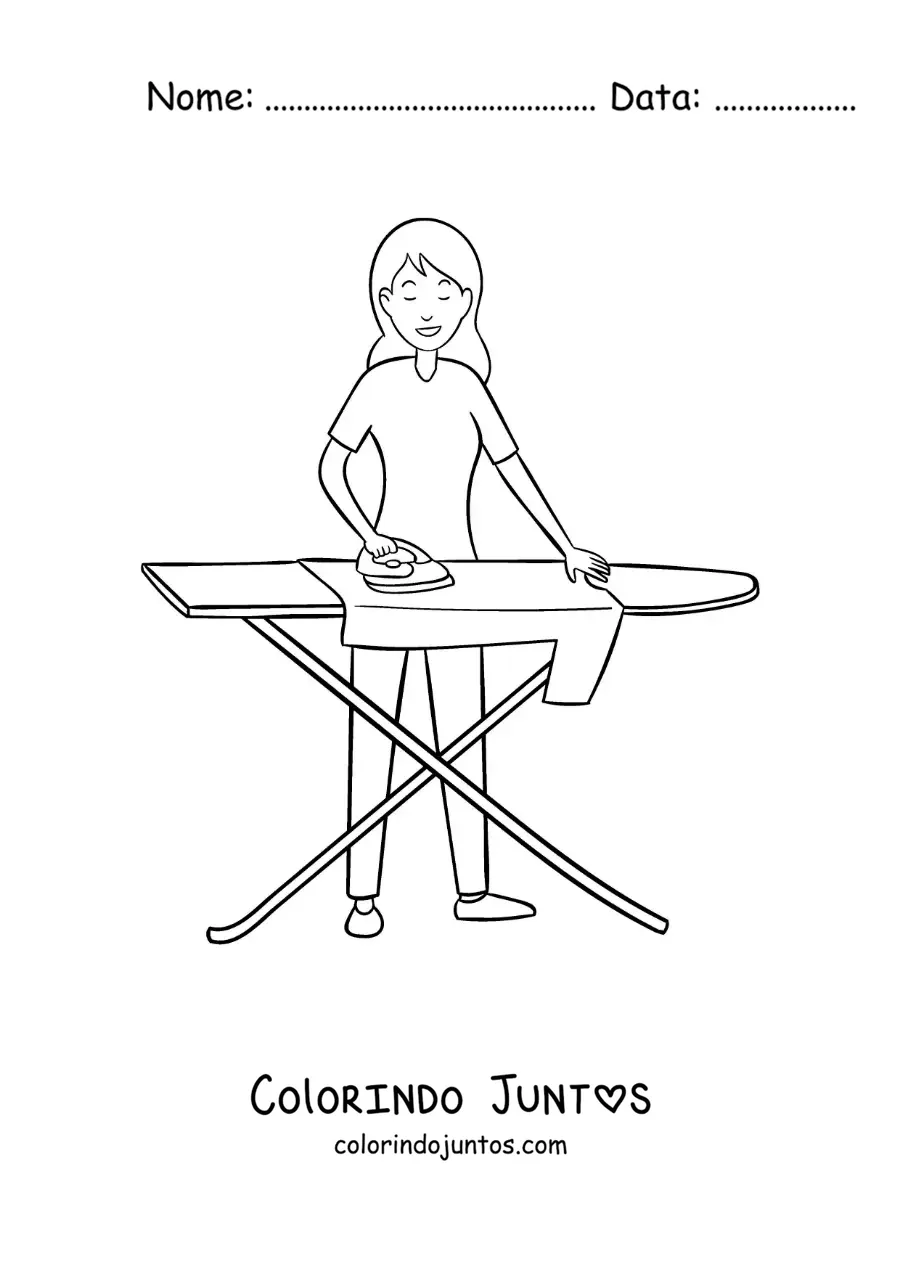 Desenho para colorir de uma menina passando uma camisa na tábua de passar