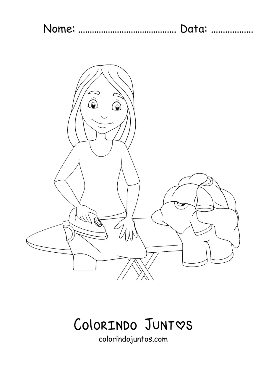 Desenho para colorir de uma jovem passando roupa na tábua de passar
