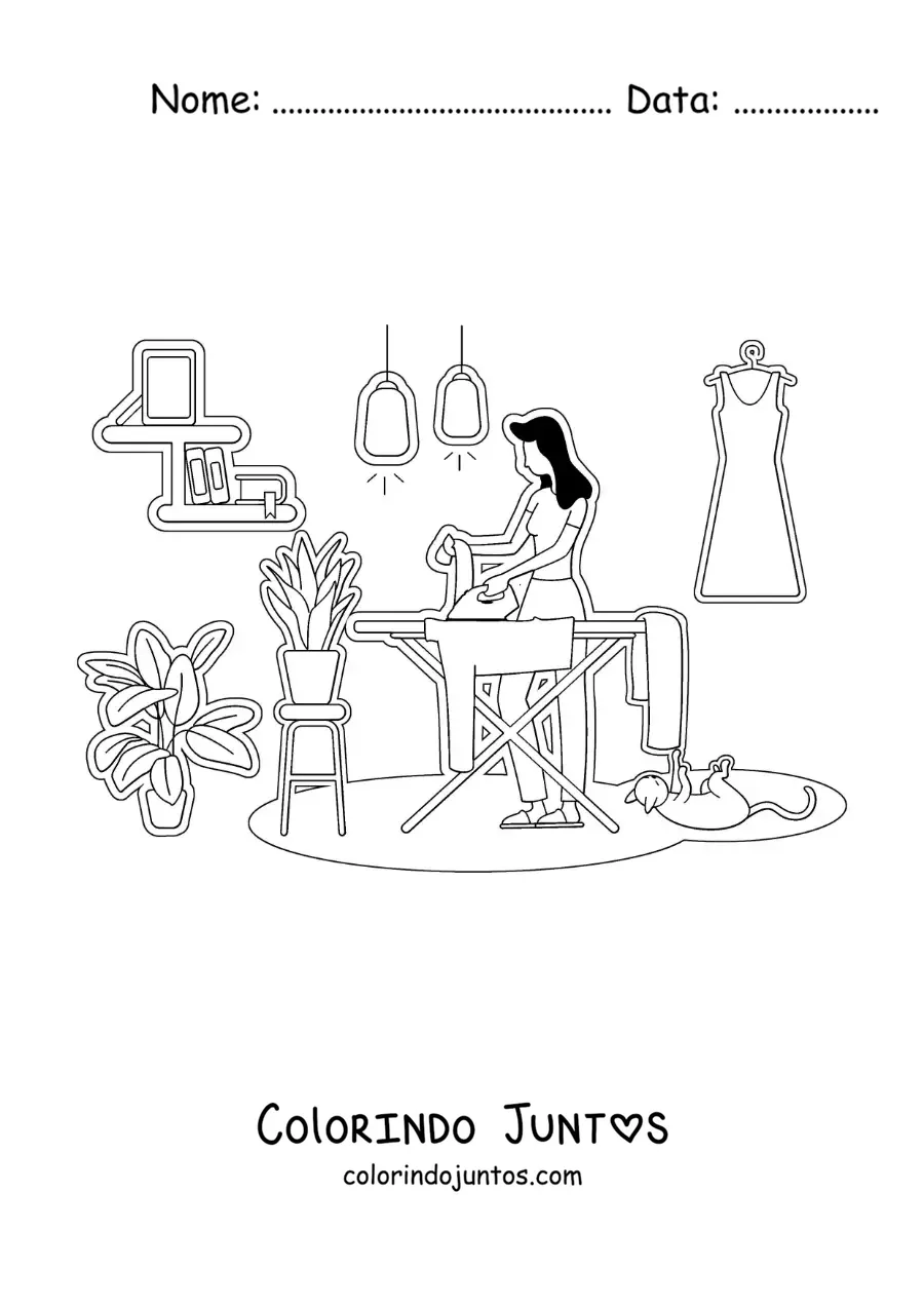 Desenho para colorir da silhueta de uma mulher passando roupa em casa