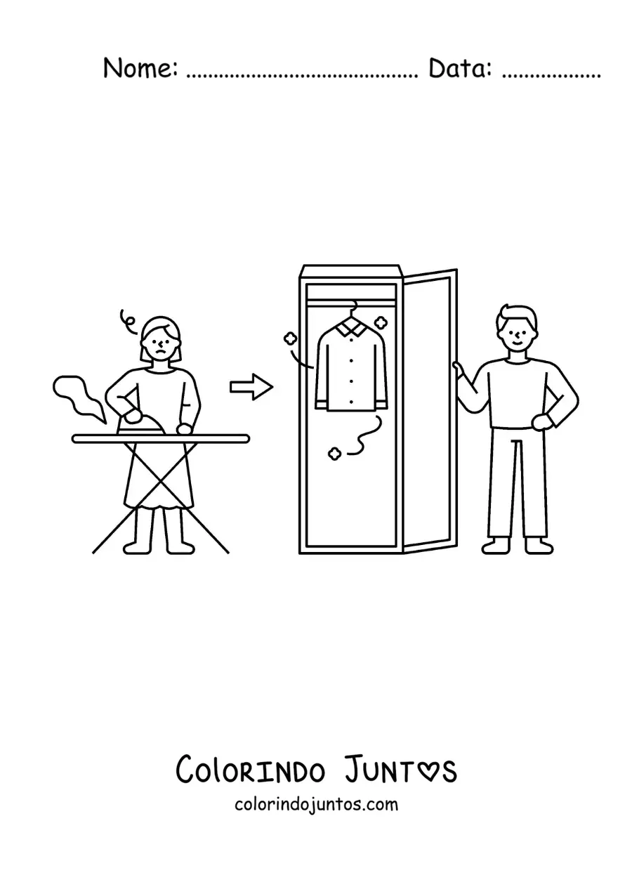 Desenho para colorir de uma mulher passando roupa para pendurar no armário