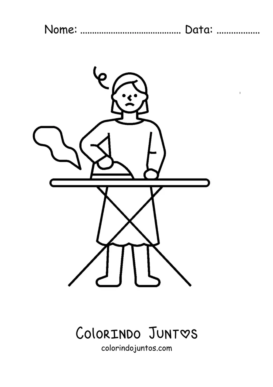 Desenho para colorir de uma mulher passando roupa na tábua de passar
