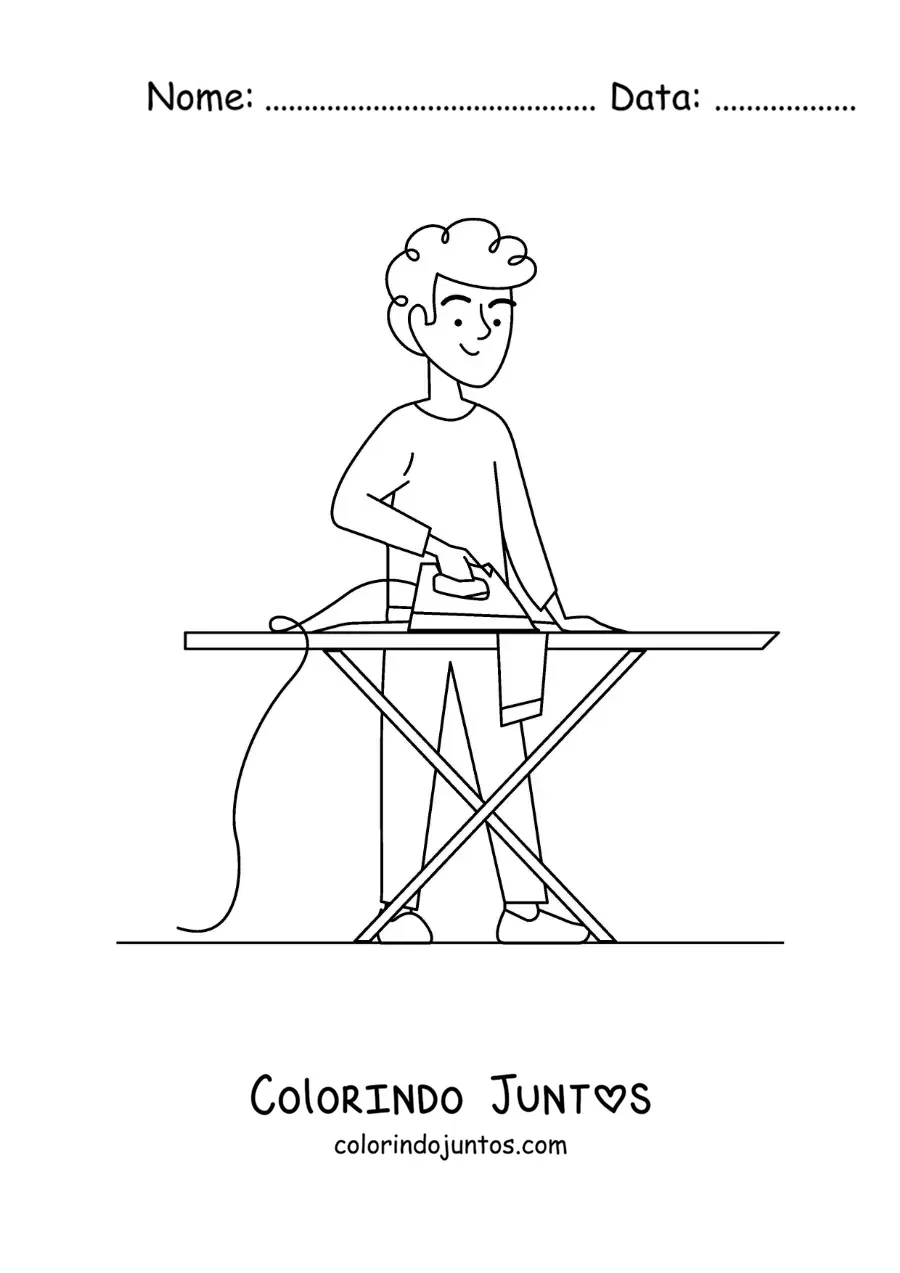 Desenho para colorir de um menino passando roupa na tábua de passar