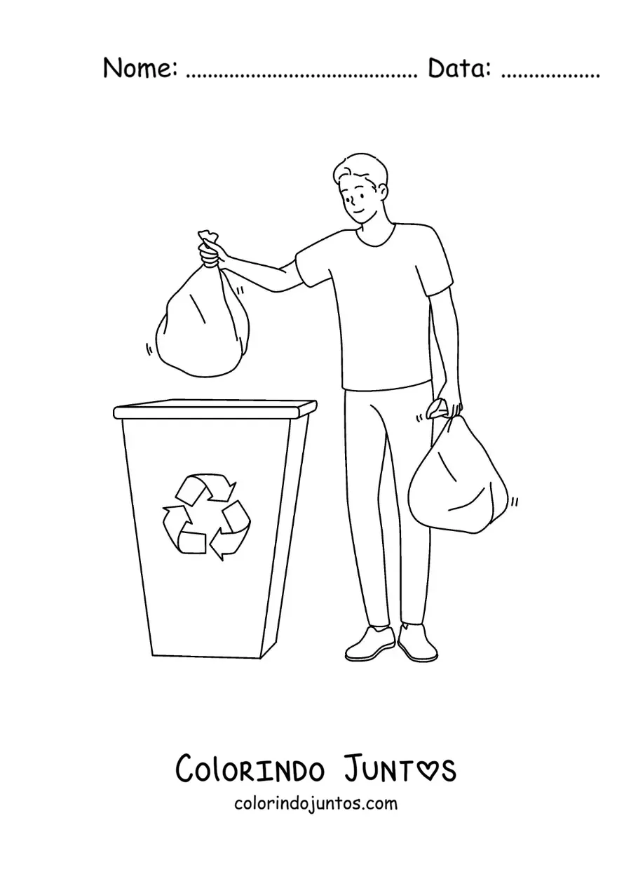 Desenho para colorir de um menino levando sacos de lixo até a lixeira de reciclagem