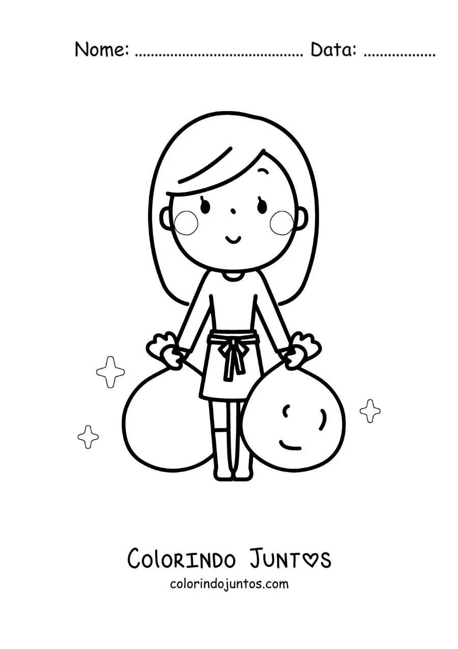 Desenho para colorir de uma menina levando o lixo para fora