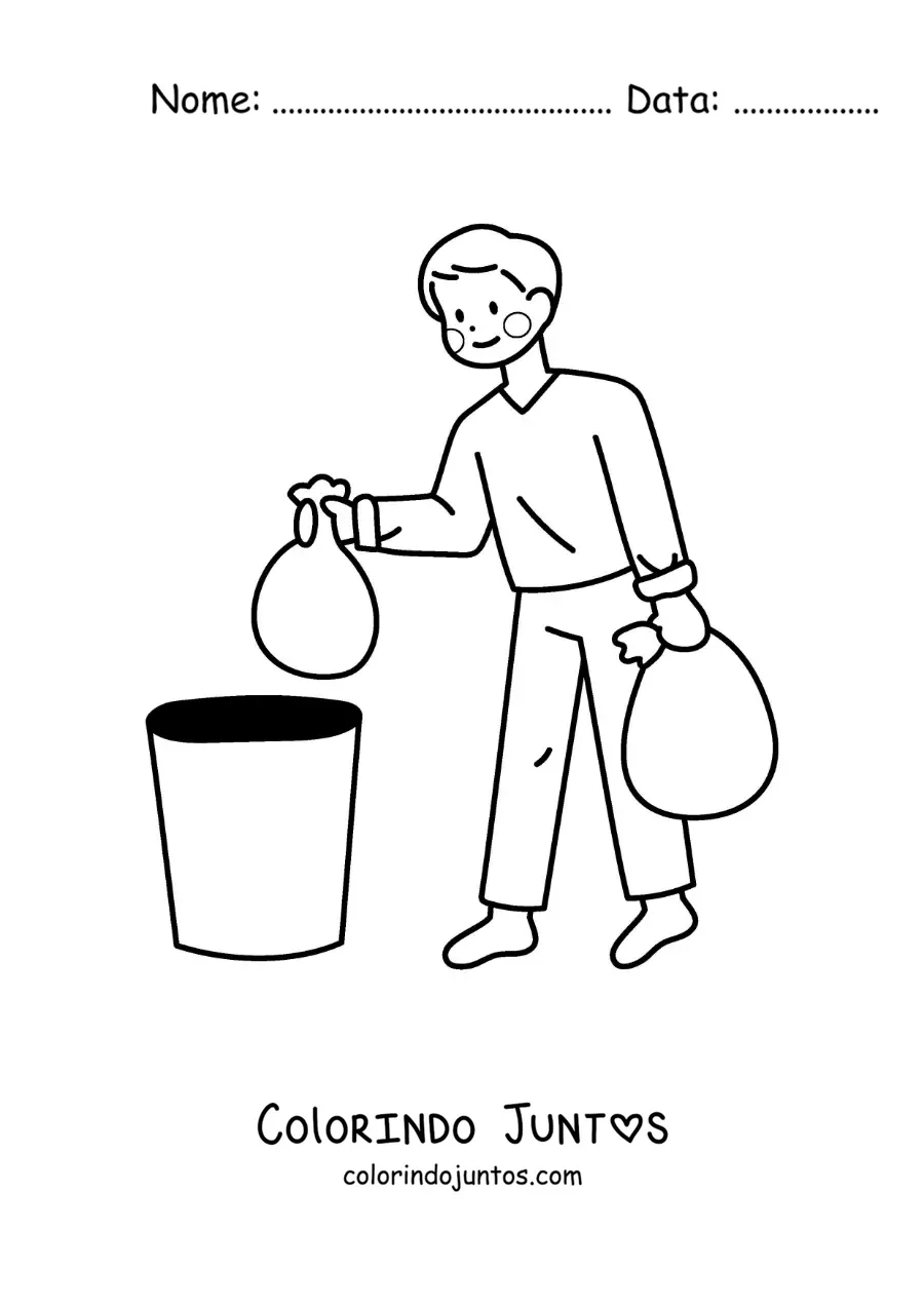 Desenho para colorir de um homem levando o lixo para fora em casa