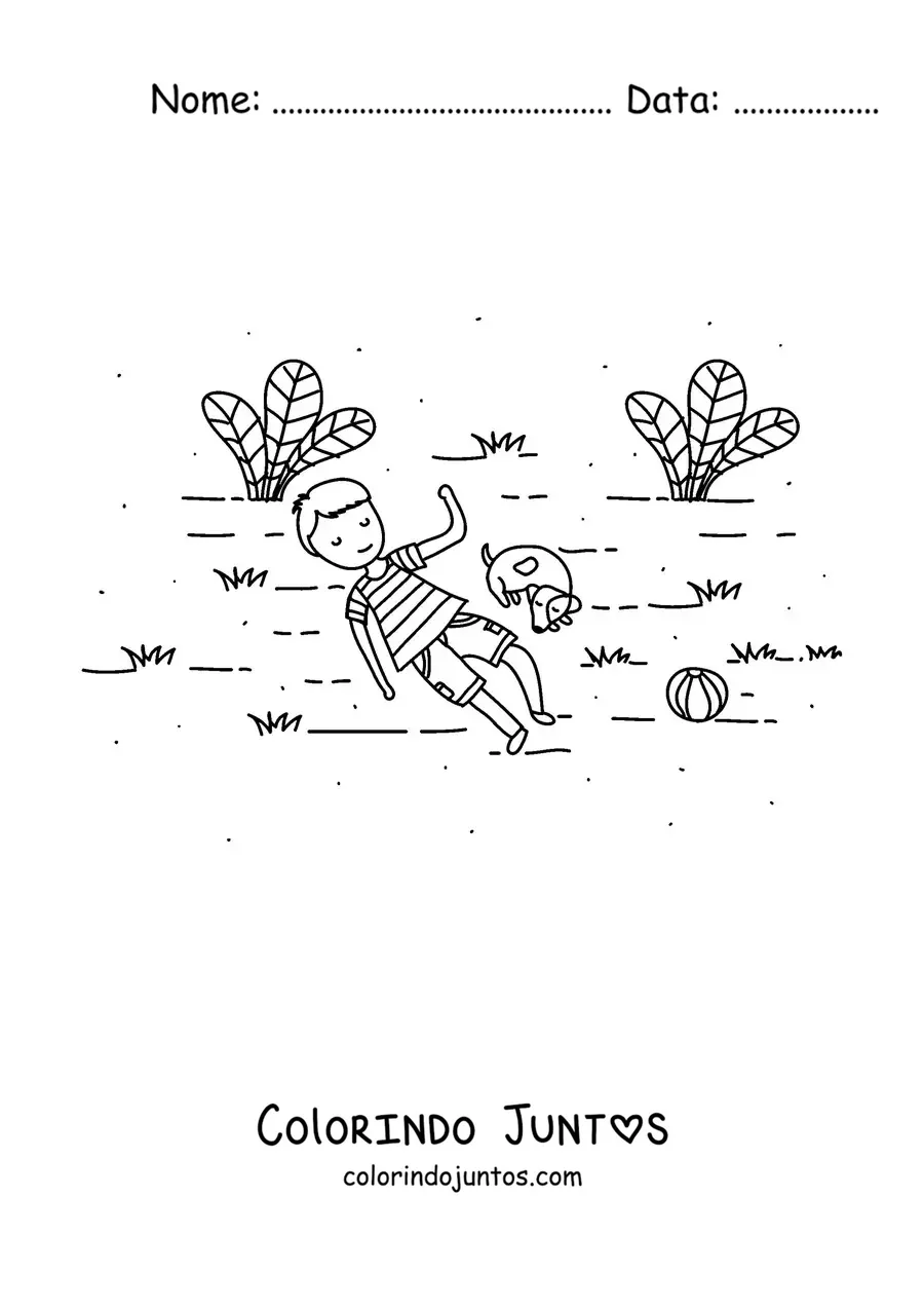 Desenho para colorir de um menino deitado na grama ao lado de um cachorro em um jardim