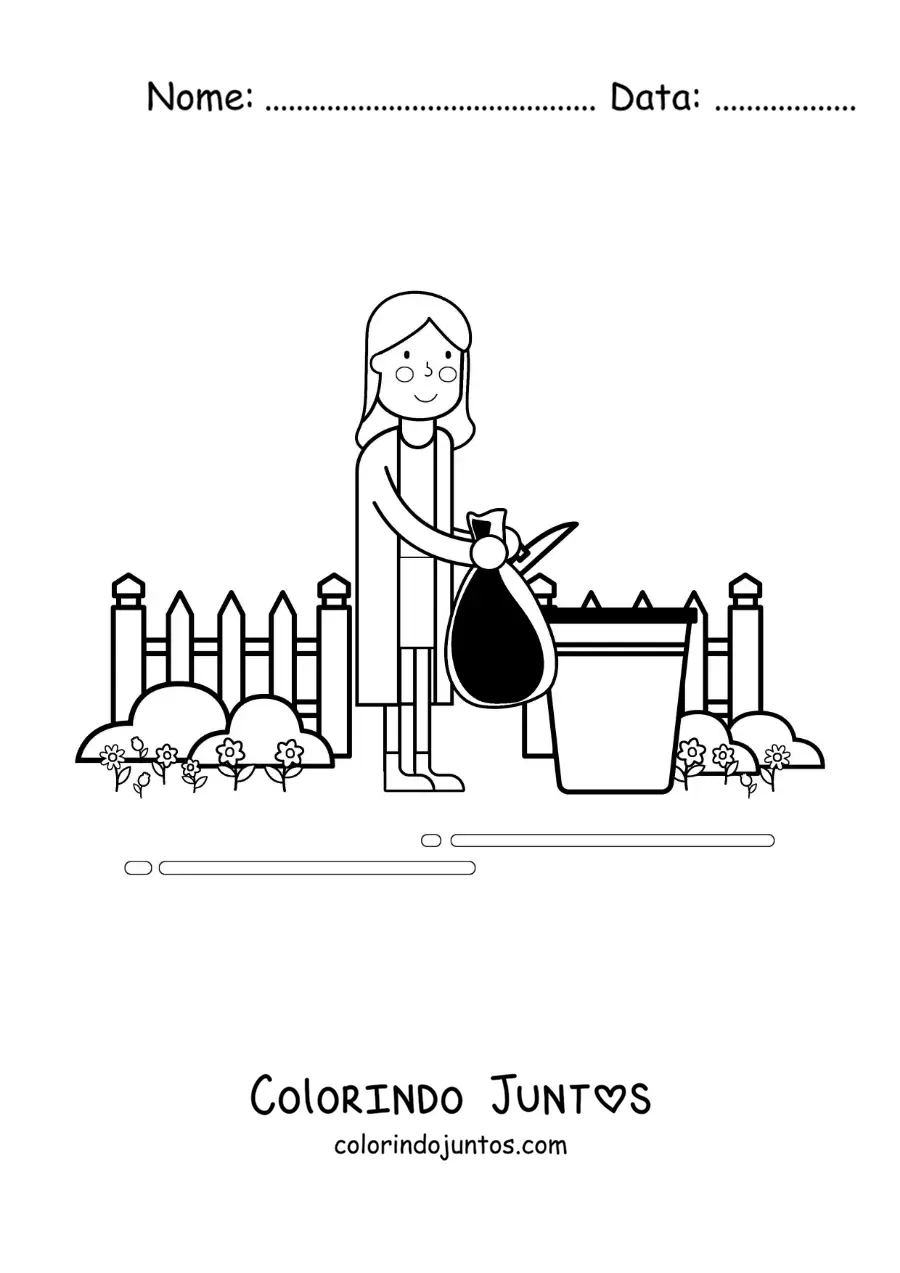 Desenho para colorir de uma mulher jogando um saco de lixo na lixeira