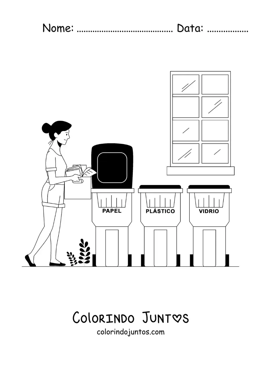 Desenho para colorir de uma menina levando resíduos até a lixeira de reciclagem