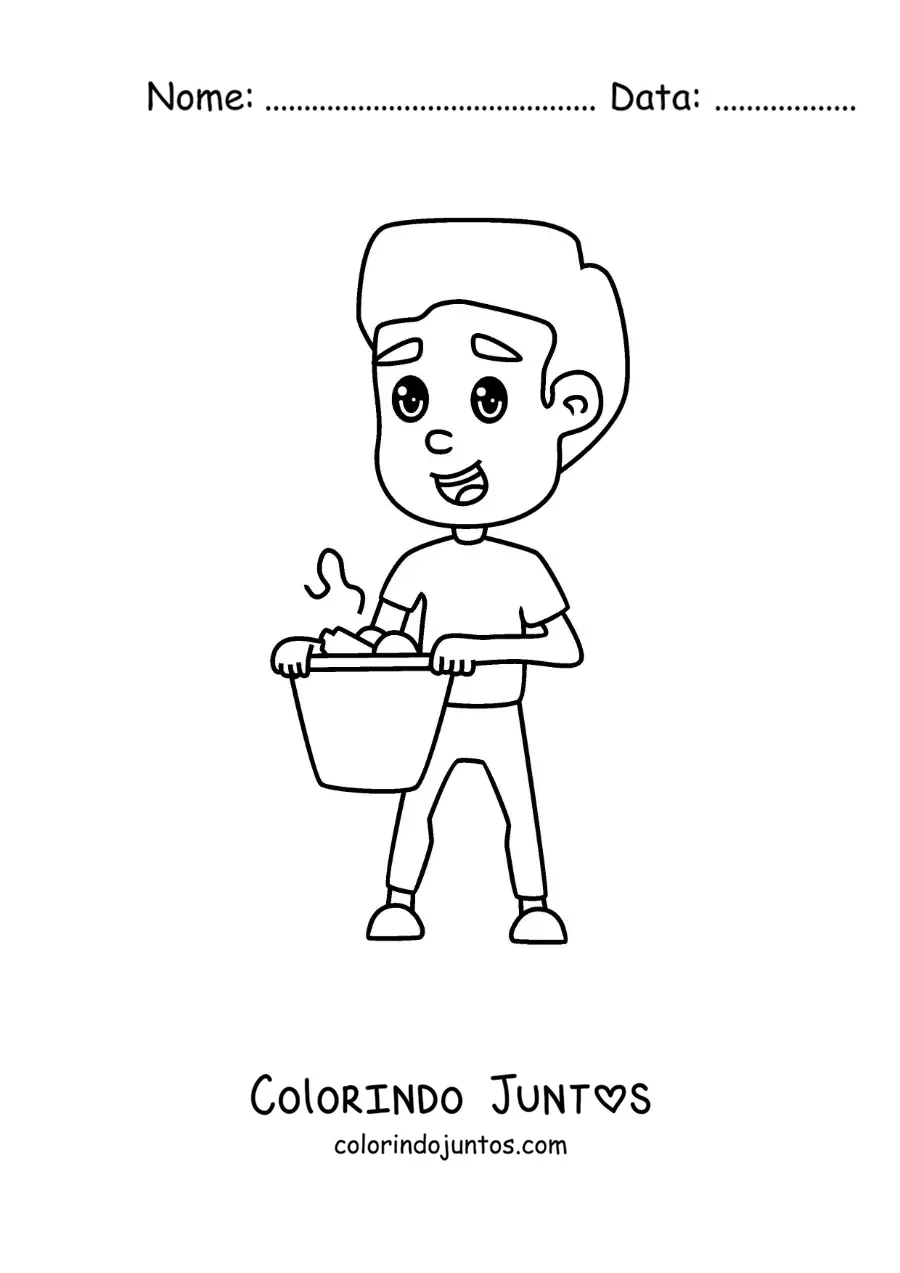 Desenho para colorir de um menino com uma lixeira