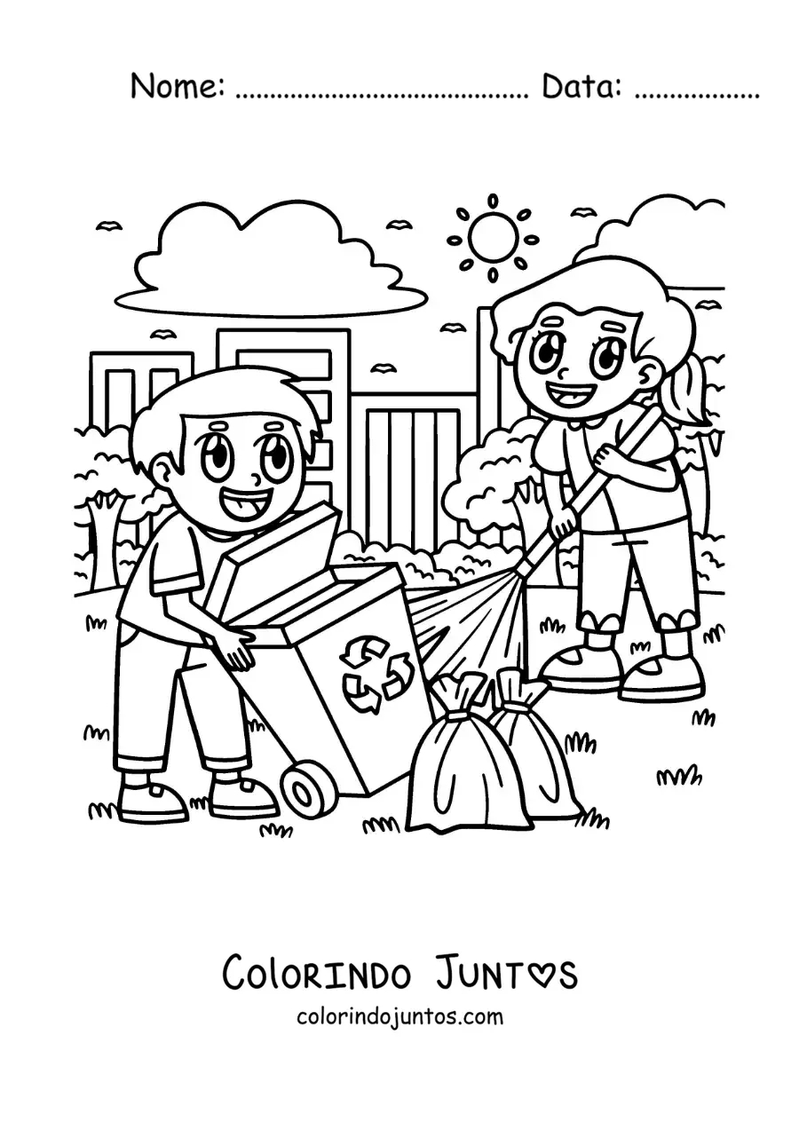 Desenho para colorir de duas crianças varrendo o quintal e levando o lixo para fora