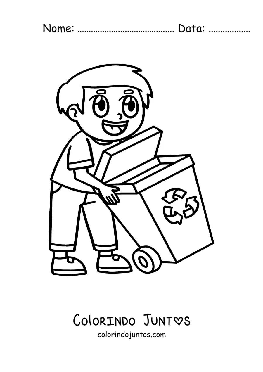 Desenho para colorir de um menino carregando uma lixeira de reciclagem