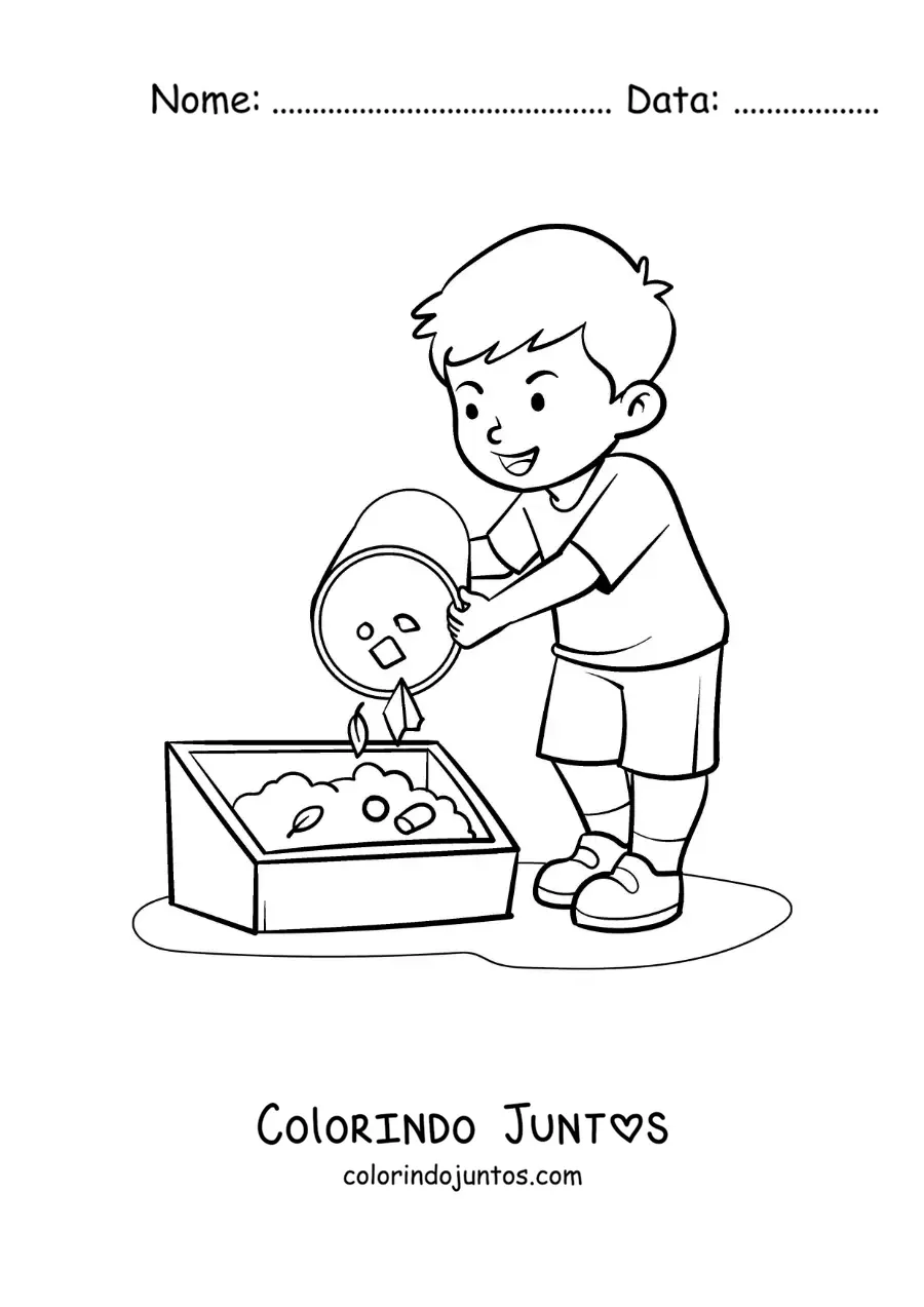 Desenho para colorir de um menino fazendo compostagem de resíduos orgânicos