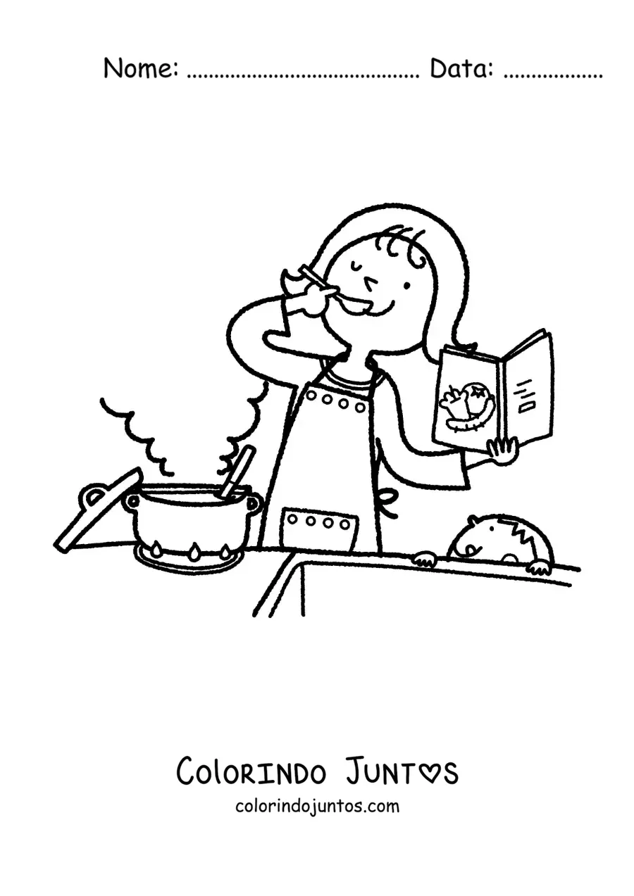 Desenho para colorir de uma mãe cozinhando uma receita junto com o filho
