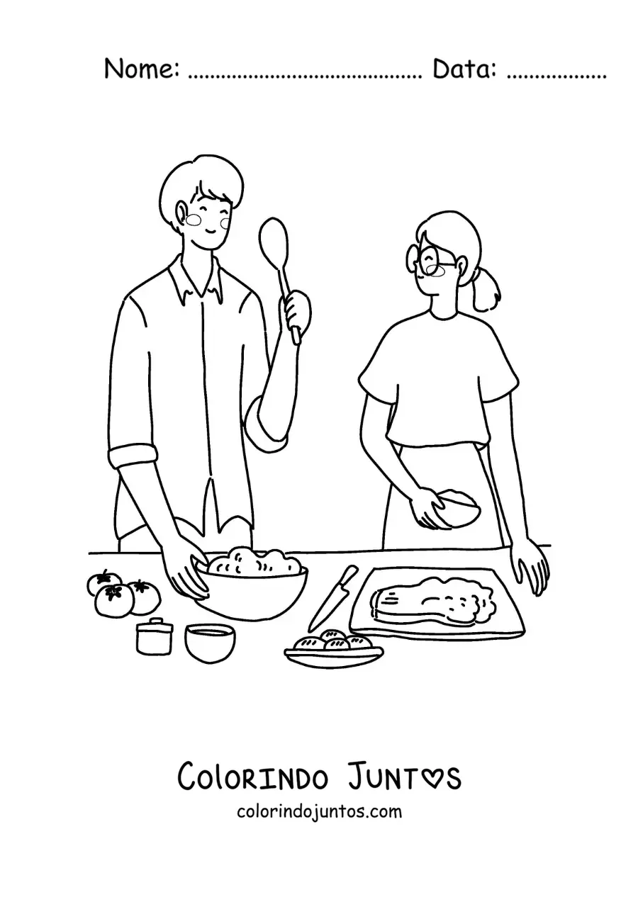 Desenho para colorir de um casal cozinhando junto