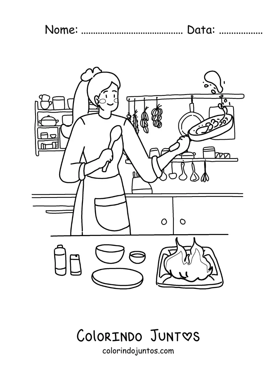 Desenho para colorir de uma mulher cozinhando em casa