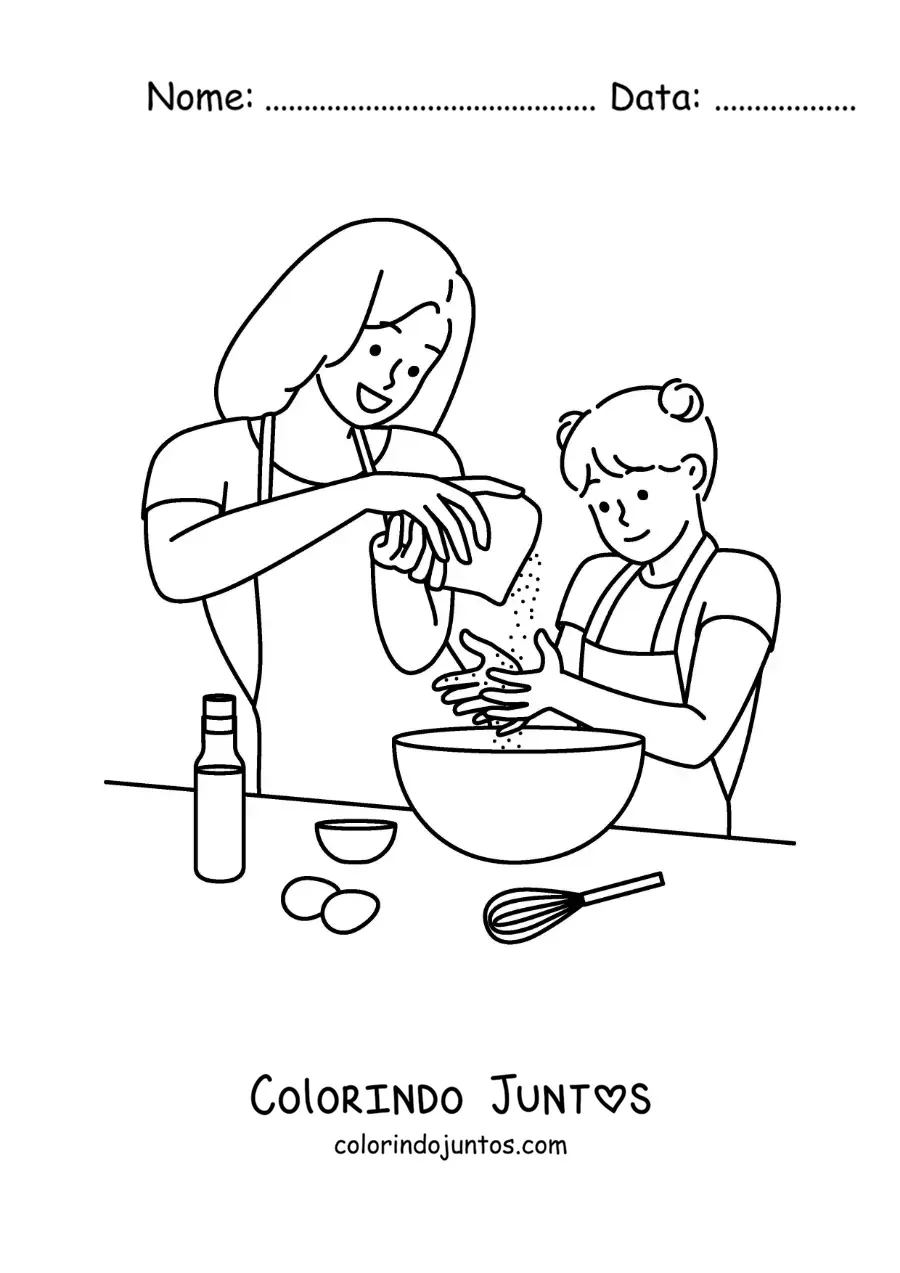 Desenho para colorir de uma mãe cozinhando junto com a filha