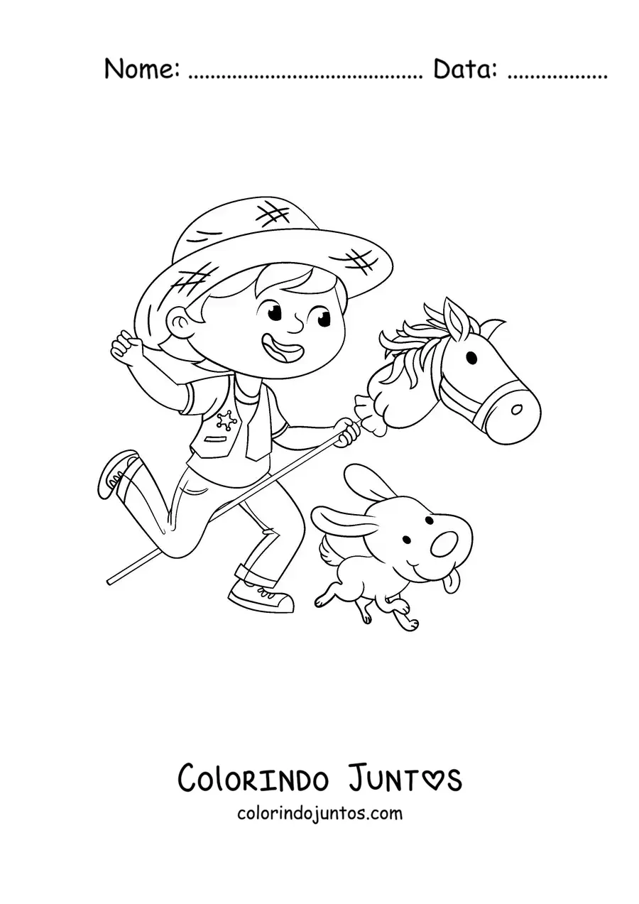 Desenho para colorir de um menino brincando fantasiado de cowboy
