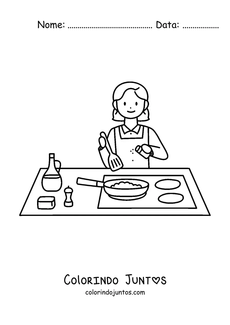 Desenho para colorir de uma menina cozinhando em uma frigideira