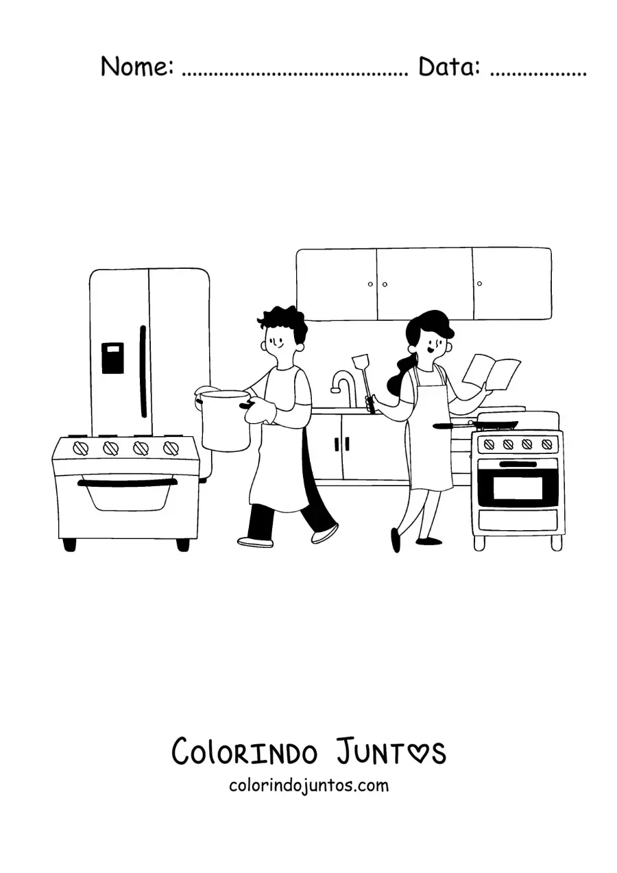 Desenho para colorir de mamãe e papai cozinhando em casa