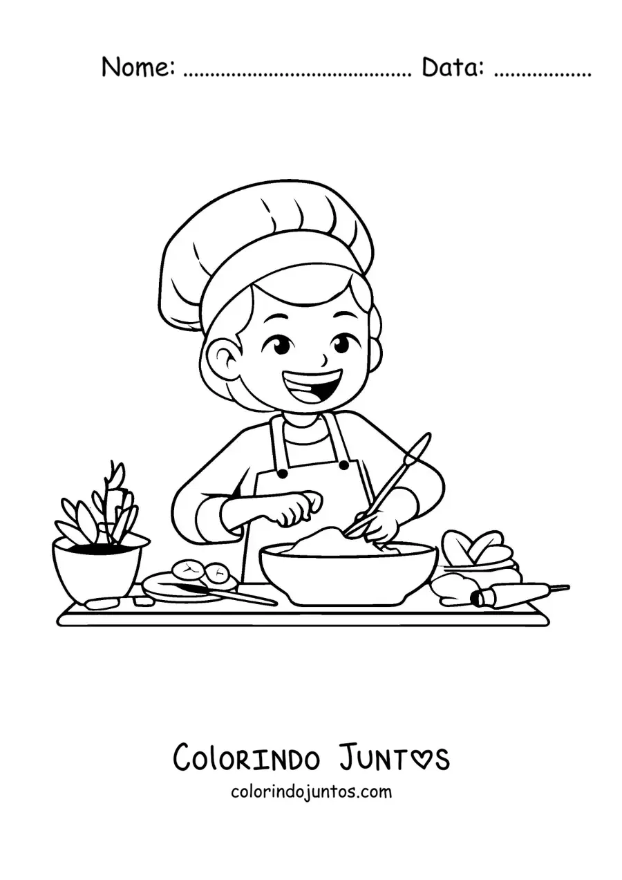 Desenho para colorir de uma menina cozinhando com chapéu de chef