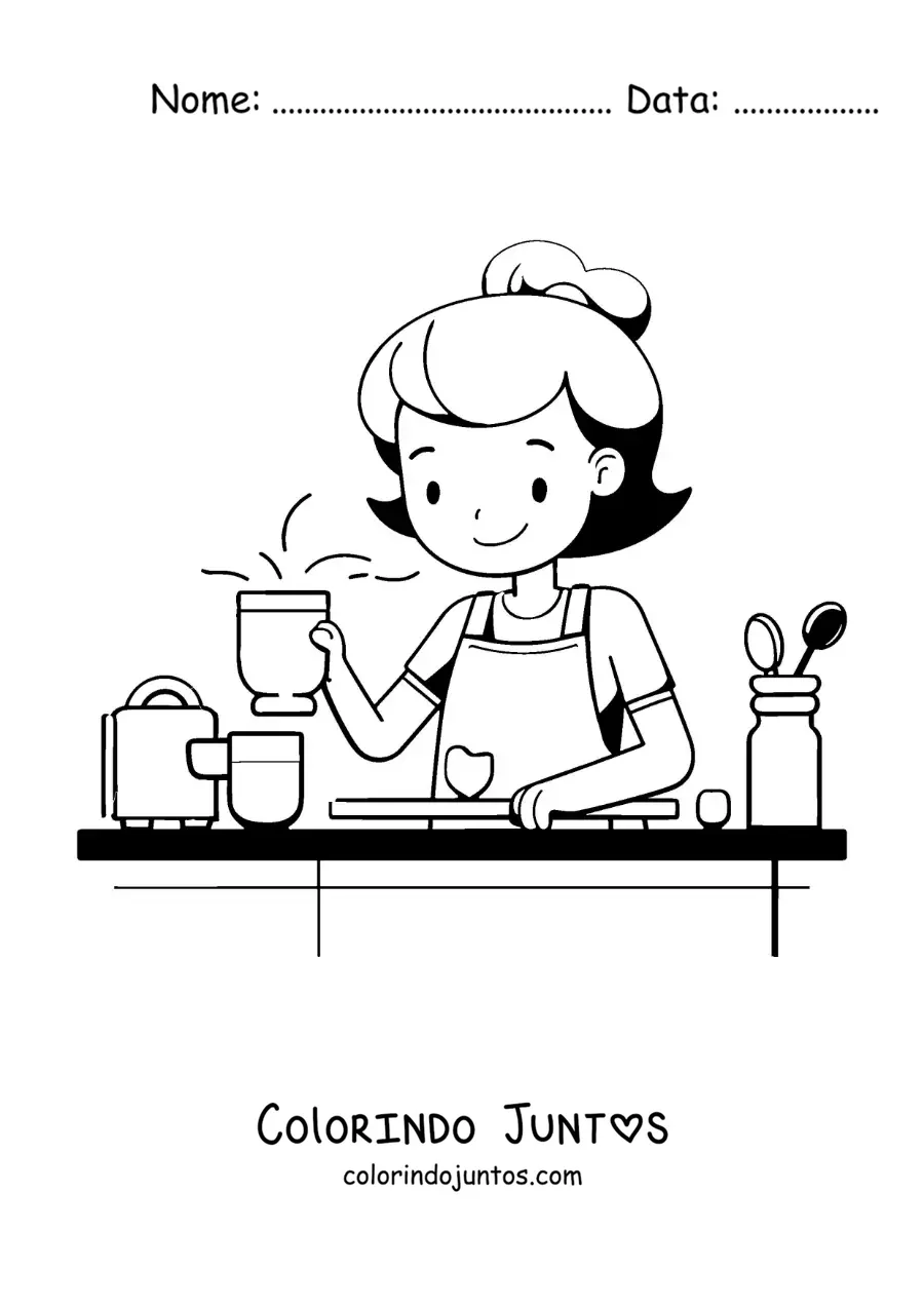 Desenho para colorir de uma menina cozinhando em casa