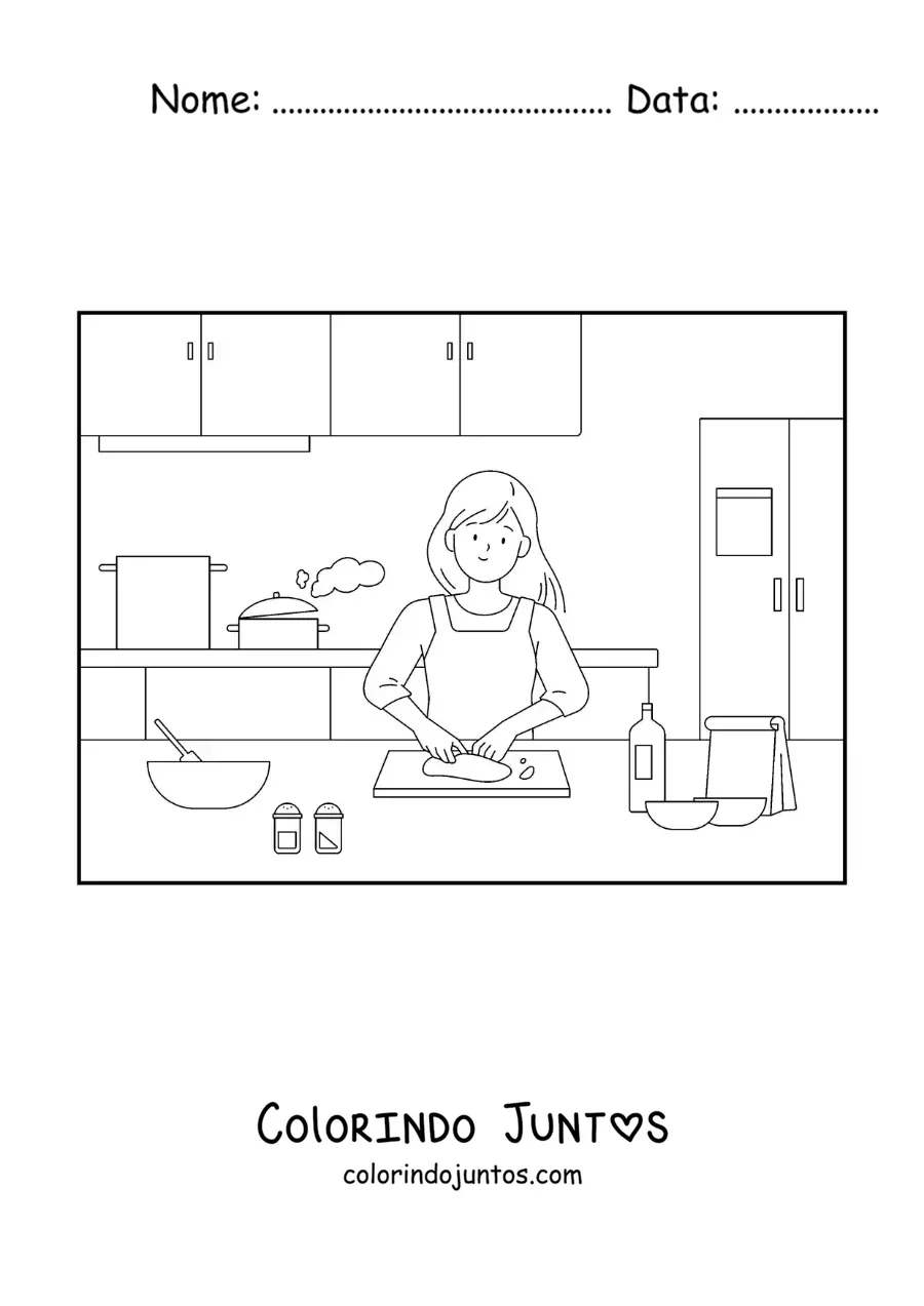 Desenho para colorir de uma mãe cozinhando na cozinha
