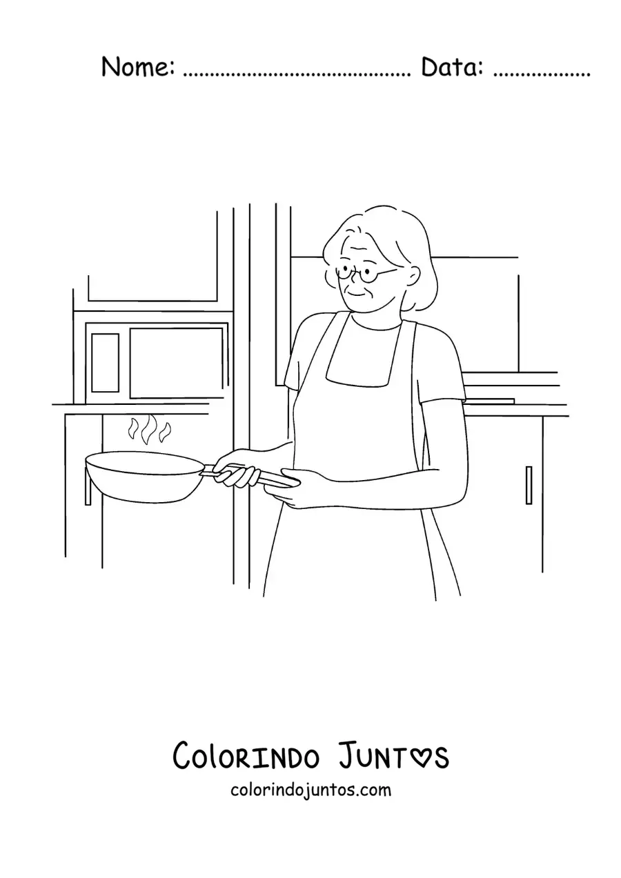 Desenho para colorir de uma avó cozinhando em uma frigideira na cozinha