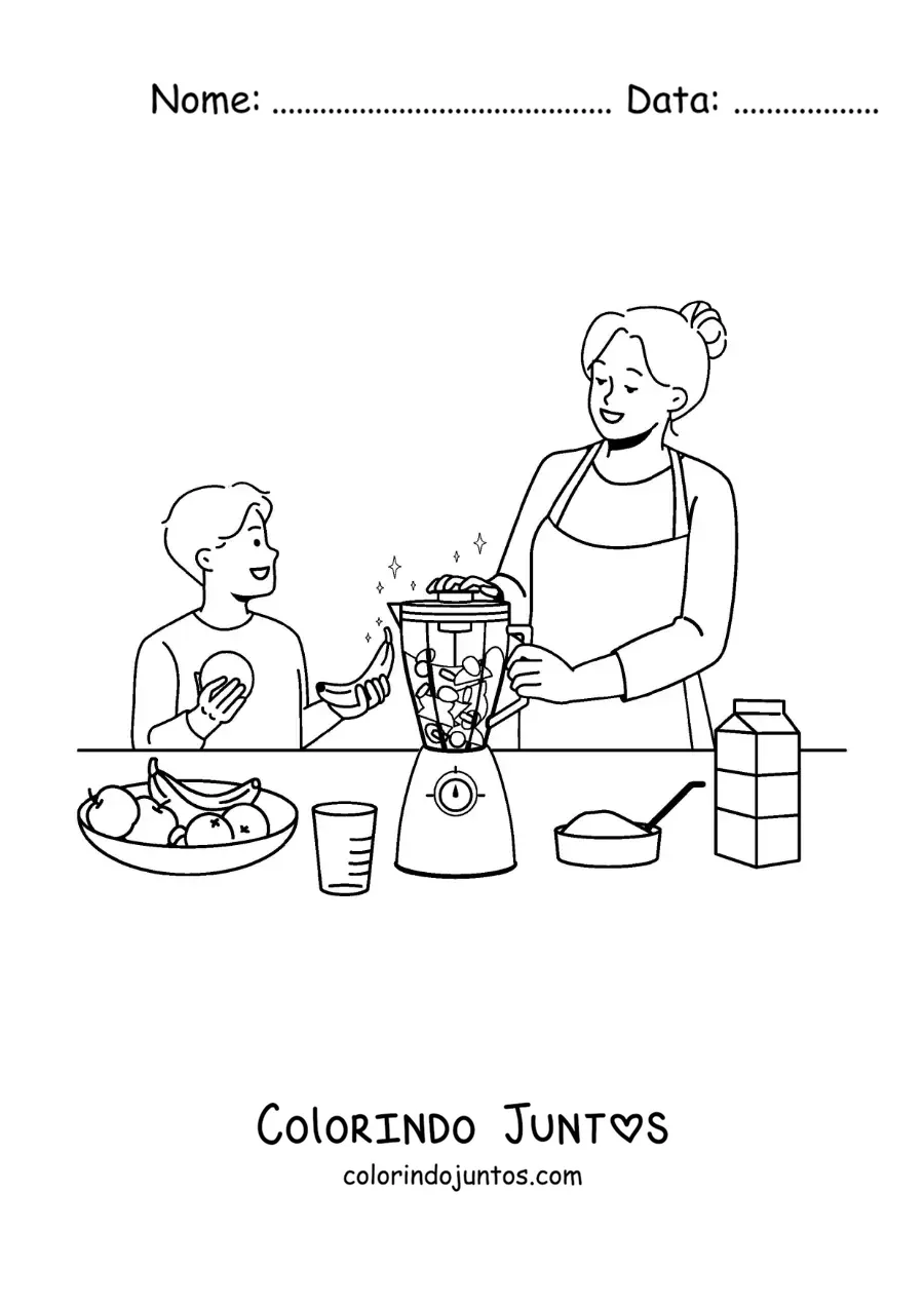 Desenho para colorir de uma mãe e o filho preparando um shake no liquidificador