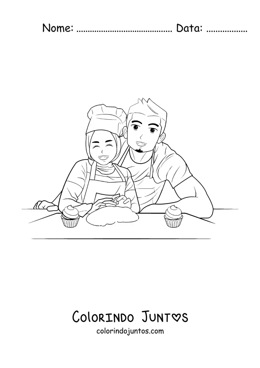 Desenho para colorir de um pai e a filha de hijab preparando sobremesas