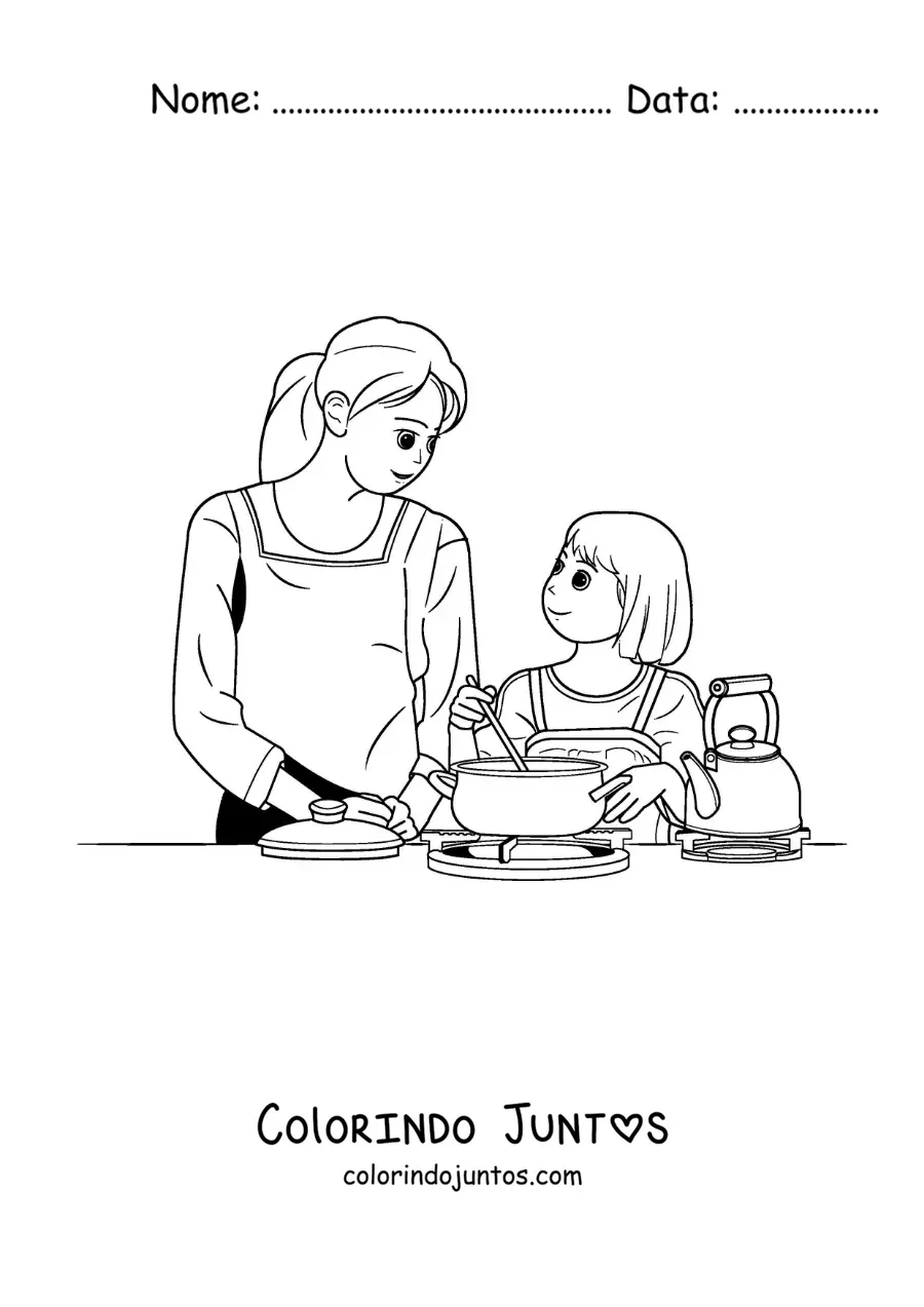 Desenho para colorir de uma menina ajudando a mãe a cozinhar